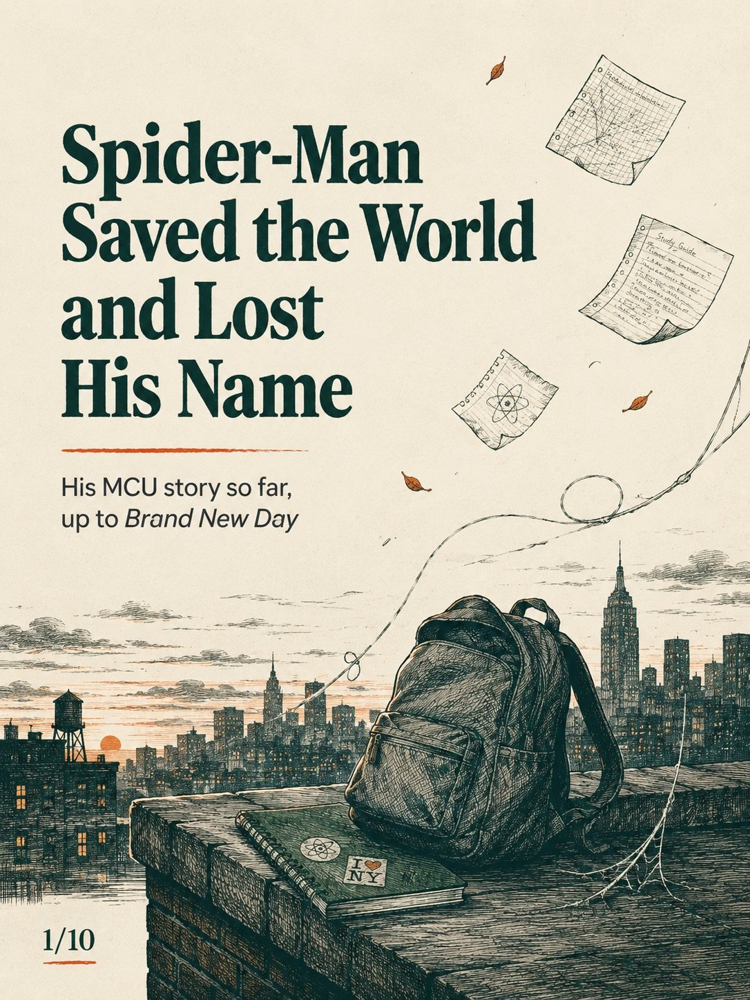 Spider-Man&rsquo;s complete MCU story before Brand New Day.

Peter entered the MCU as a teenager trying to impress Tony Stark. Since then, he&rsquo;s fought beside the Avengers, vanished in the Snap, lost his mentor, had his identity exposed, fractur