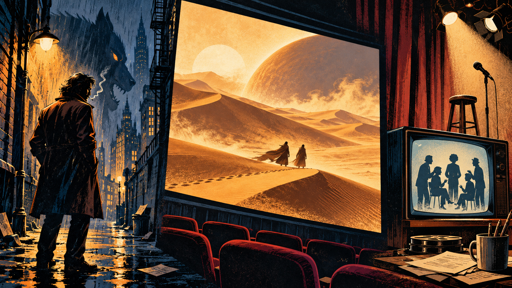 Editorial illustration of a noir detective with a wolf shadow, desert dunes on a cinema screen, and a vintage television beside a comedy stage.