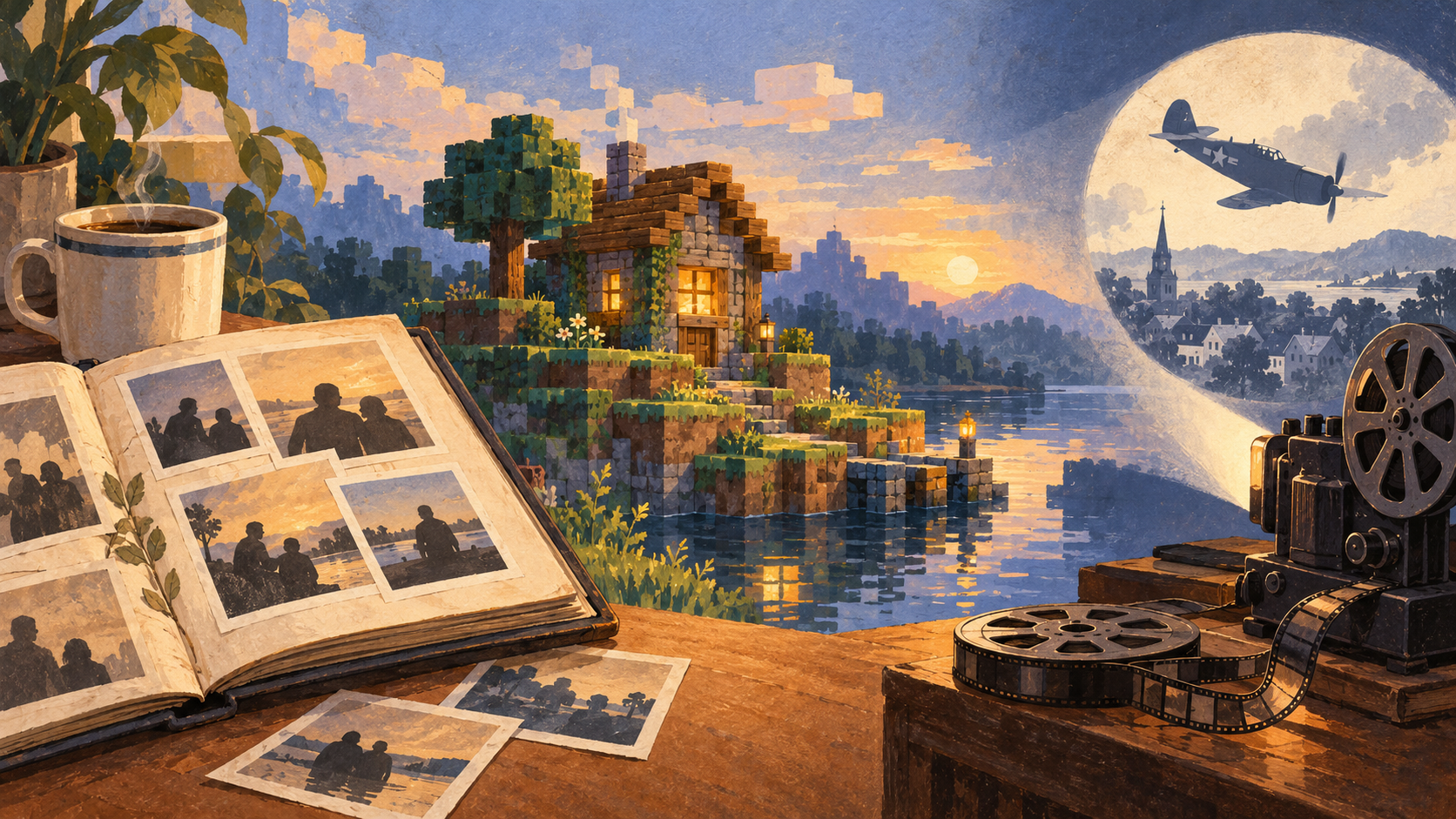 Editorial illustration of a photo album and coffee mug, a block-built house beside water, and a film projector showing an airplane above a town.