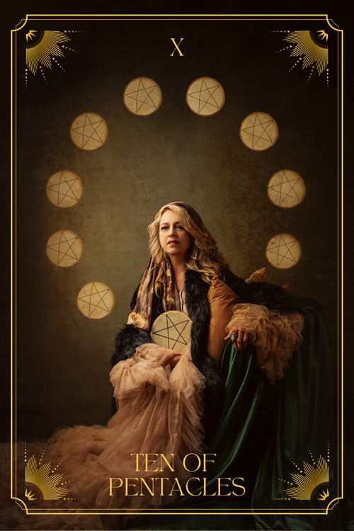 10 of Pentacles tarot card from Jessica Malone's deck, showing a family scene with a dog, symbolizing domestic prosperity and legacy