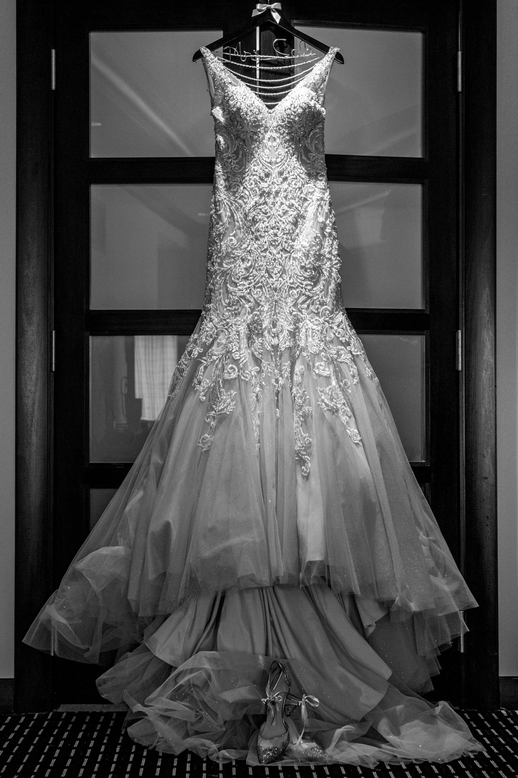 Luxury wedding gown display.