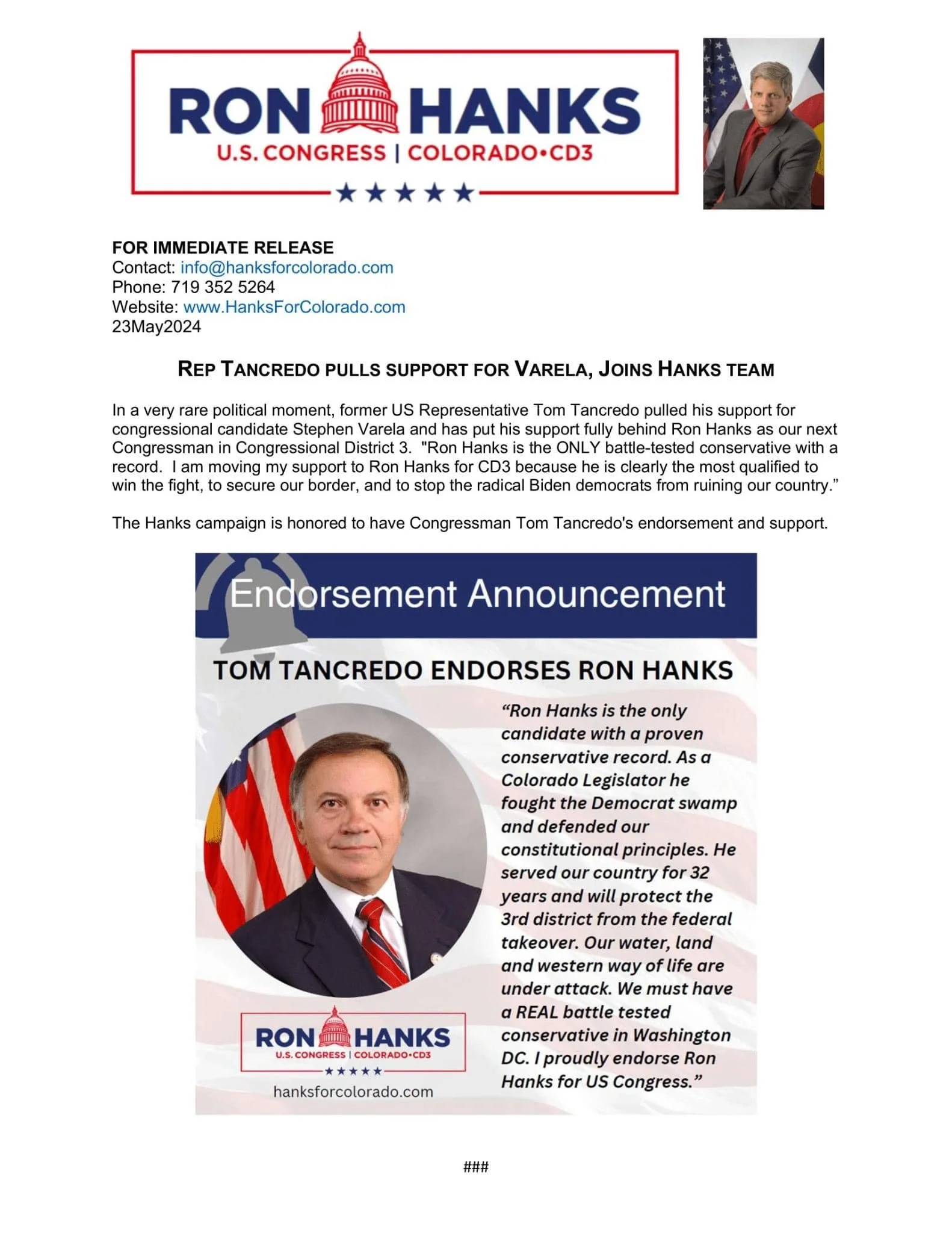 Tom Tancredo Endorses Ron Hanks