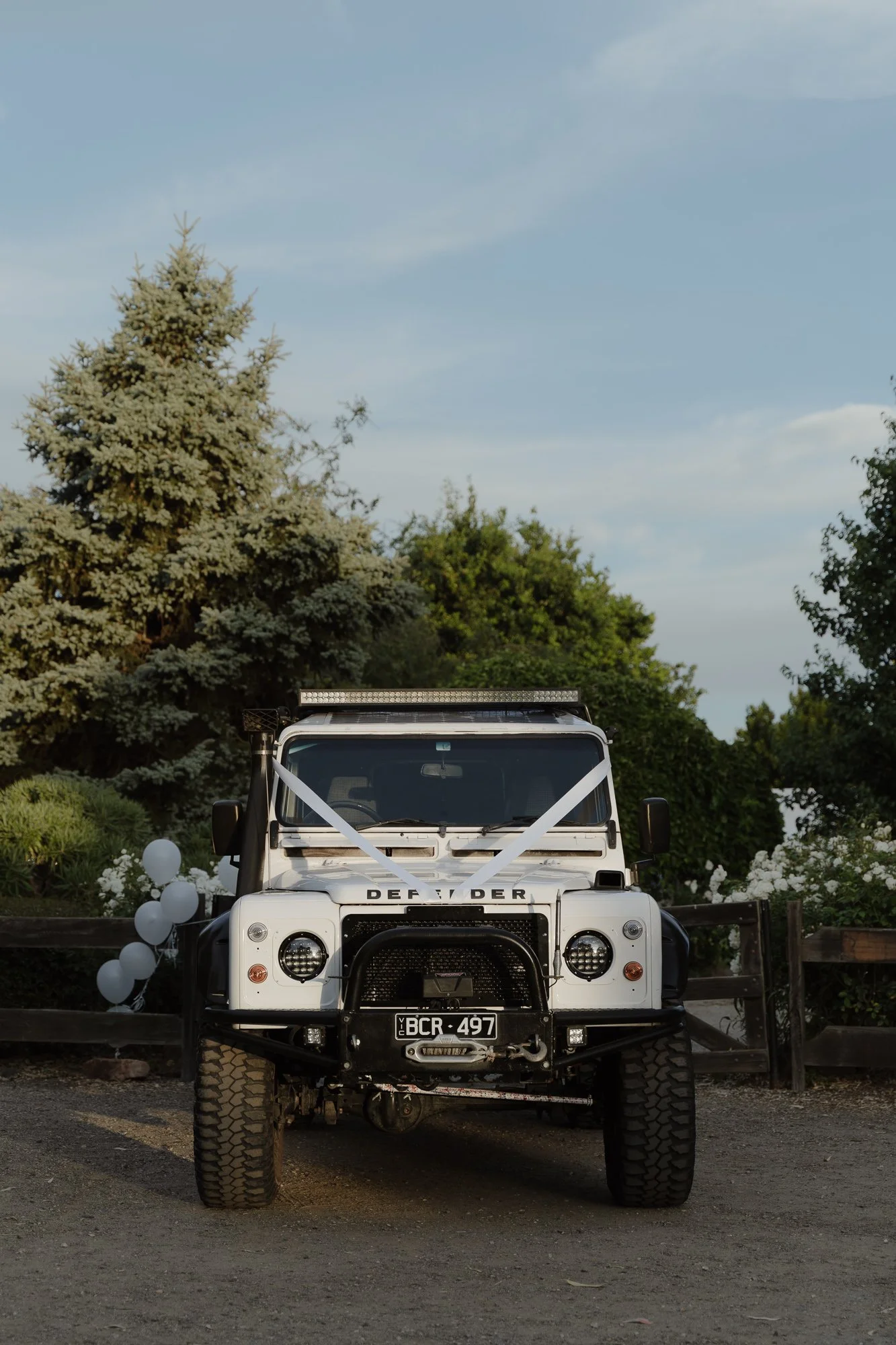 Front view of a white Land Rover Defender decorated with white ribbons and balloons, parked on a dirt area with trees and bushes in the background.