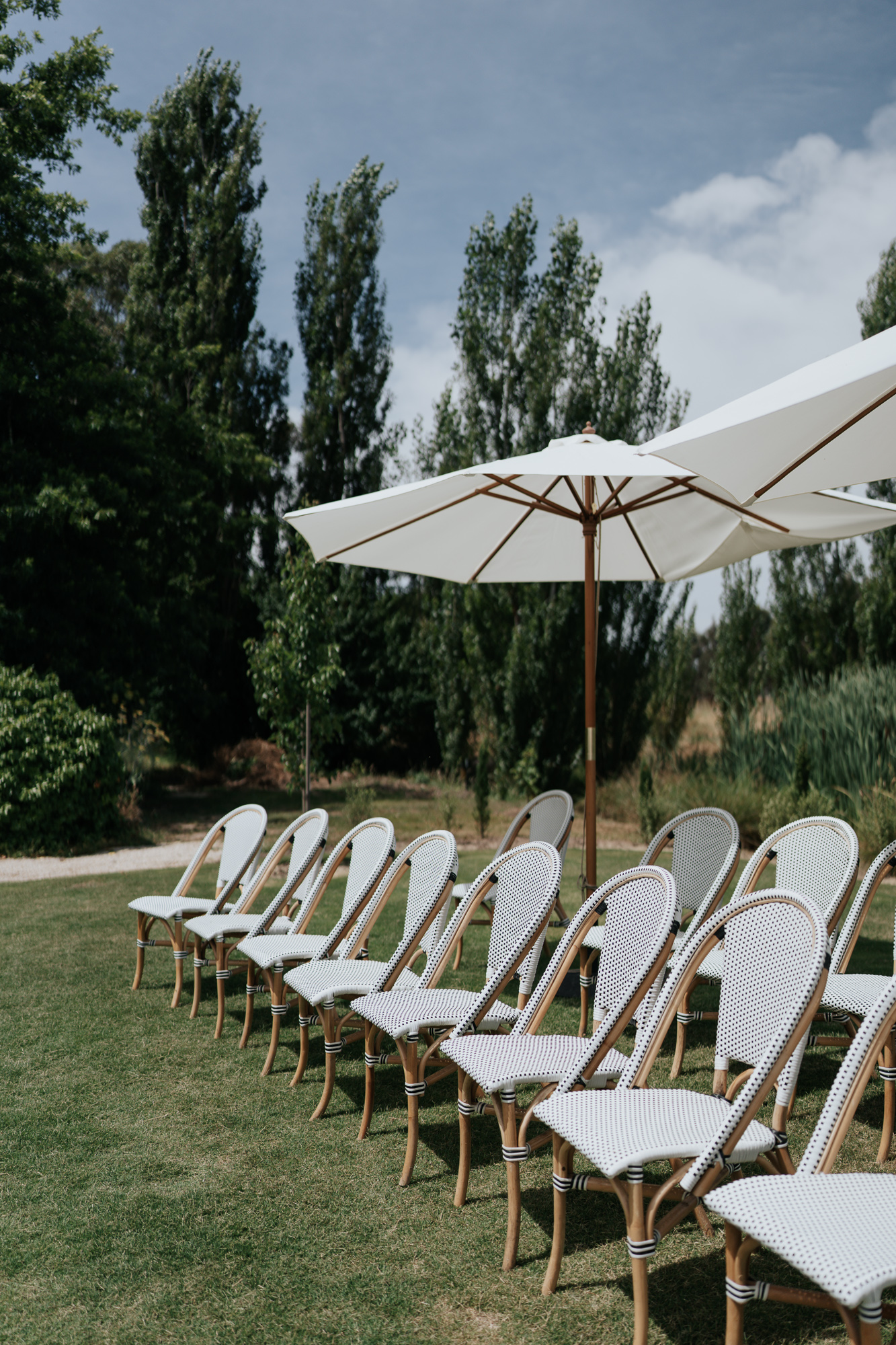 Row of white chairs with patterned seats and backs, arranged outdoors on grass, with white umbrellas and tall trees in the background.