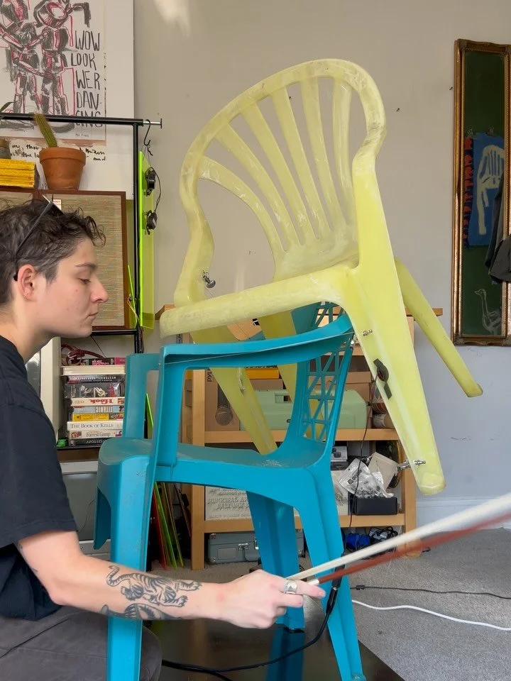 SOUNDS FOR THE END OF THE WORLD//Marge said to Frankenstein some broken chairs together. These are tensioned together with harp strings- the pitches mark the precarious relationship between them. Sound is Frankenstein and voice and loops and stuff