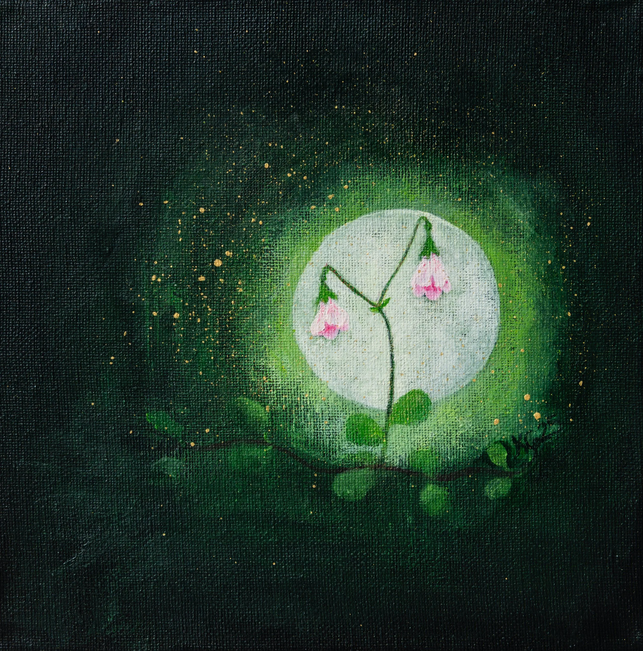 "Lumo", 2025 | Sarjasta "Metsän kätköissä" | 20 x 20 akryylimaalaus, myyty.