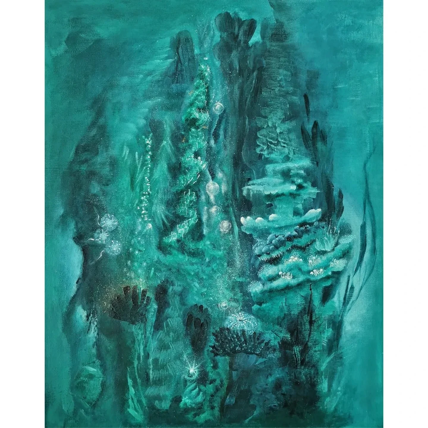 Might do a few touch-ups later but other than that I think it is ready. I painted it very freely, just followed what the different brush strokes and colors showed me. 
"Deep Dive", 2024 | 40x50 cm
©Karoliina Gavrilov
Please tell me w