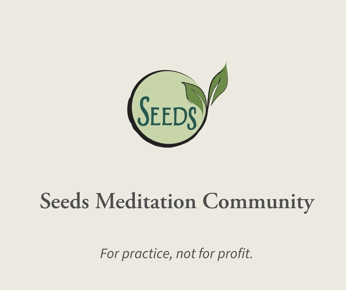 Logo of Seeds Meditation Community featuring a green circle with leaves and the word "SEEDS" inside, accompanied by the text "Seeds Meditation Community" and the tagline "For practice, not for profit."