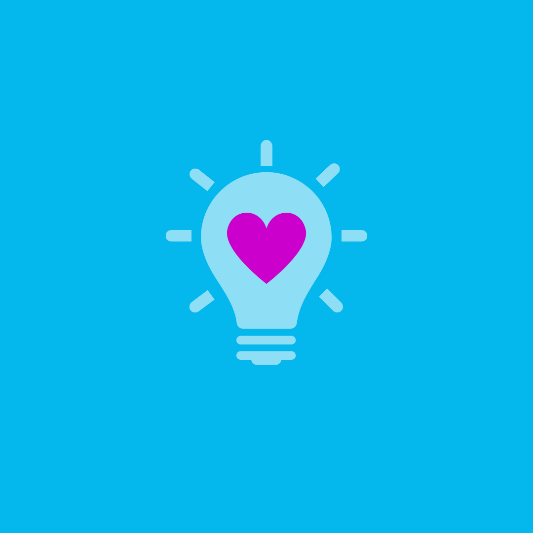An illustration of a light bulb with a purple heart inside, on a blue background.