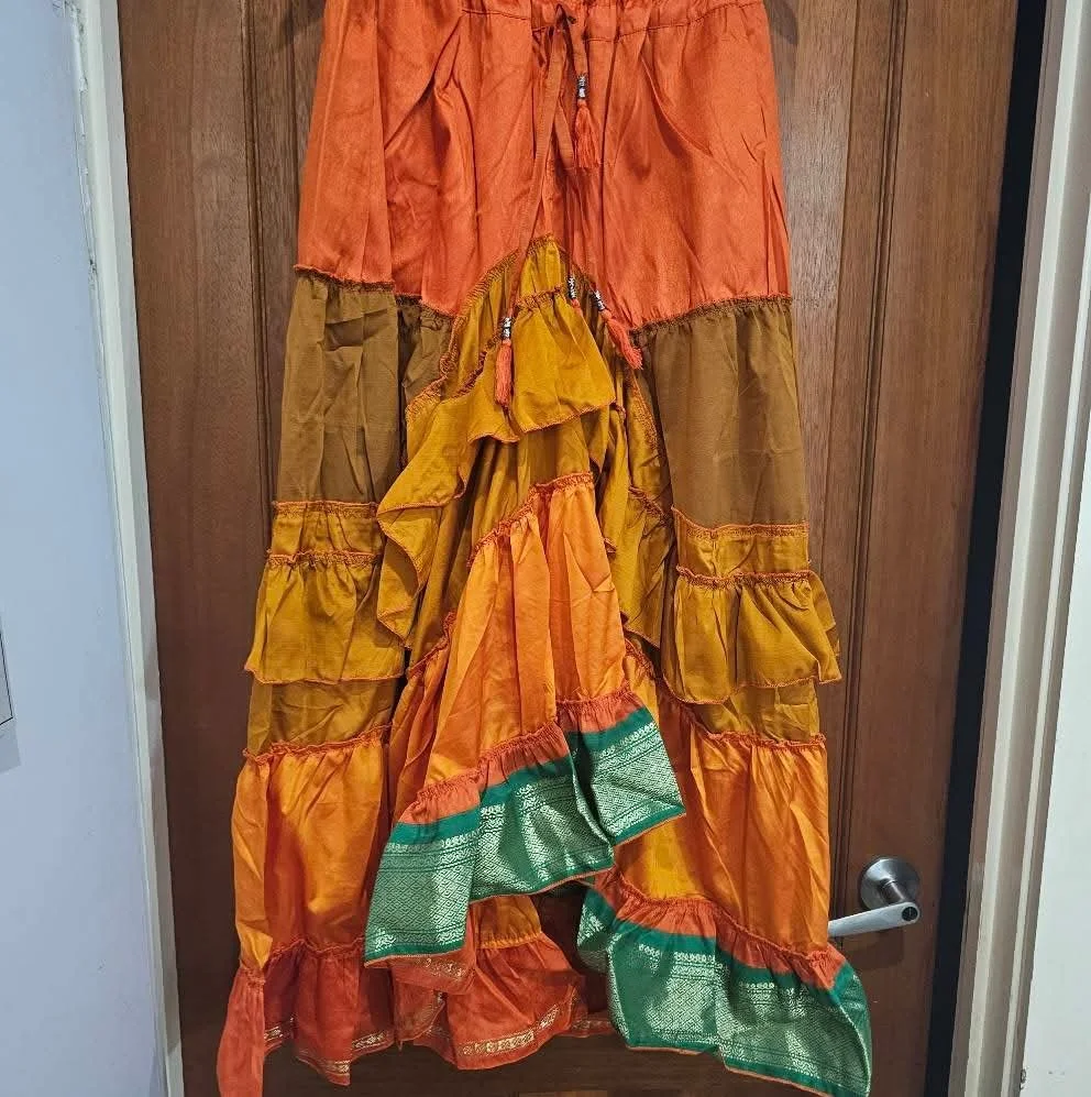 Hi Lo Silk Sari Skirt - Orange