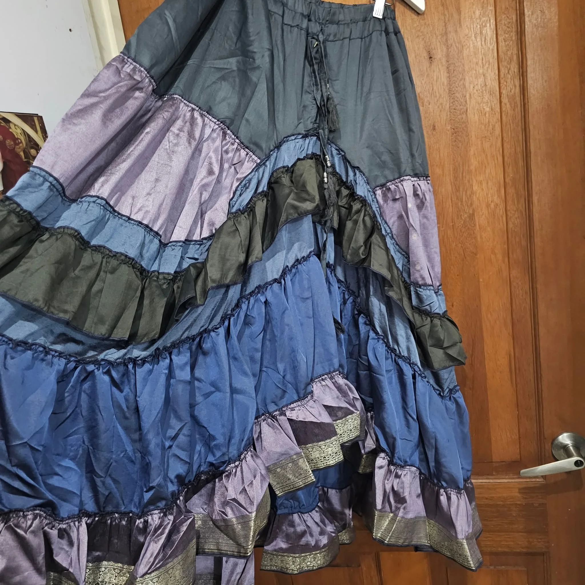 Hi Lo Silk Sari Skirt - Steel Blue