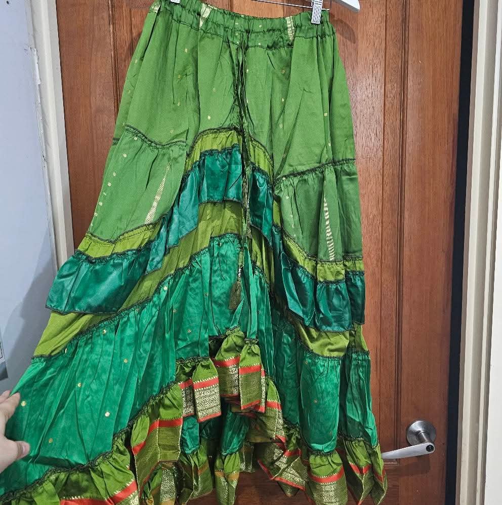 Hi Lo Silk Sari Skirt - Green