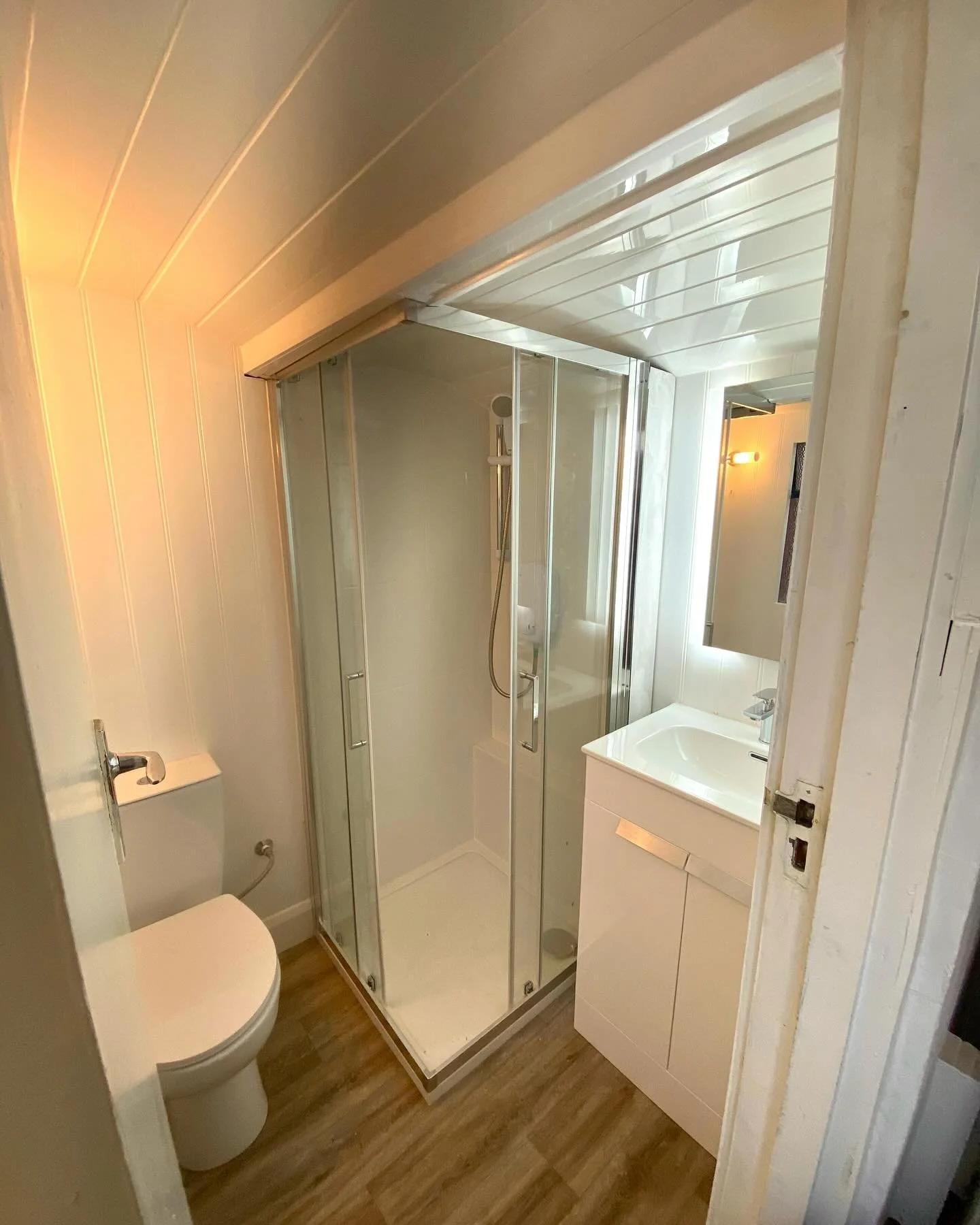 This small bathroom was renovated in Dublin 8. The lack of space and light required a lot of precision and imagination when it came to fitting it out.  We used moisture proof MDF tongue and groove on the walls to match the curved vaulted ceiling that