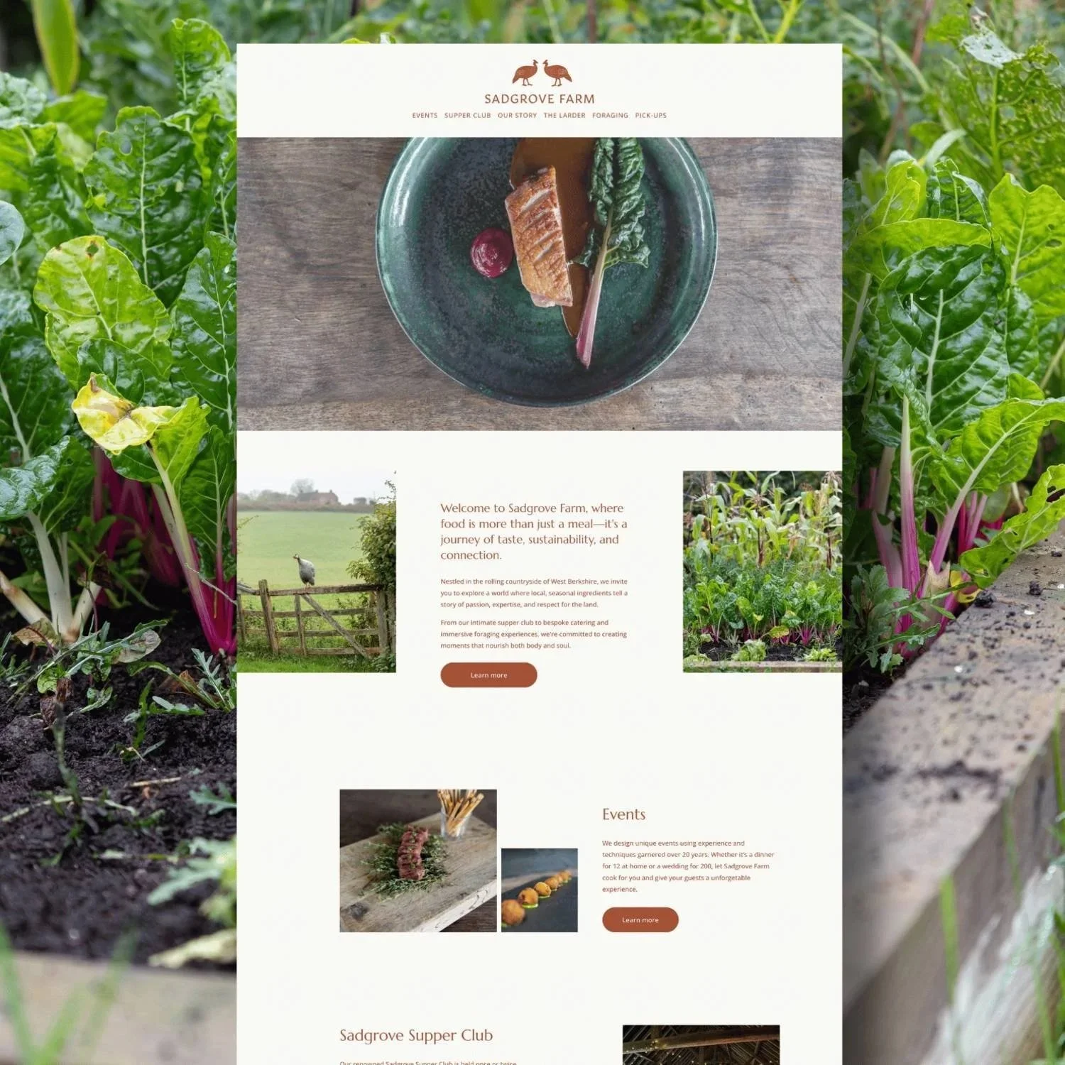 A webpage for Sadgrovve Farm featuring images of gourmet food, farm scenery, and event setups, with a background of leafy greens.