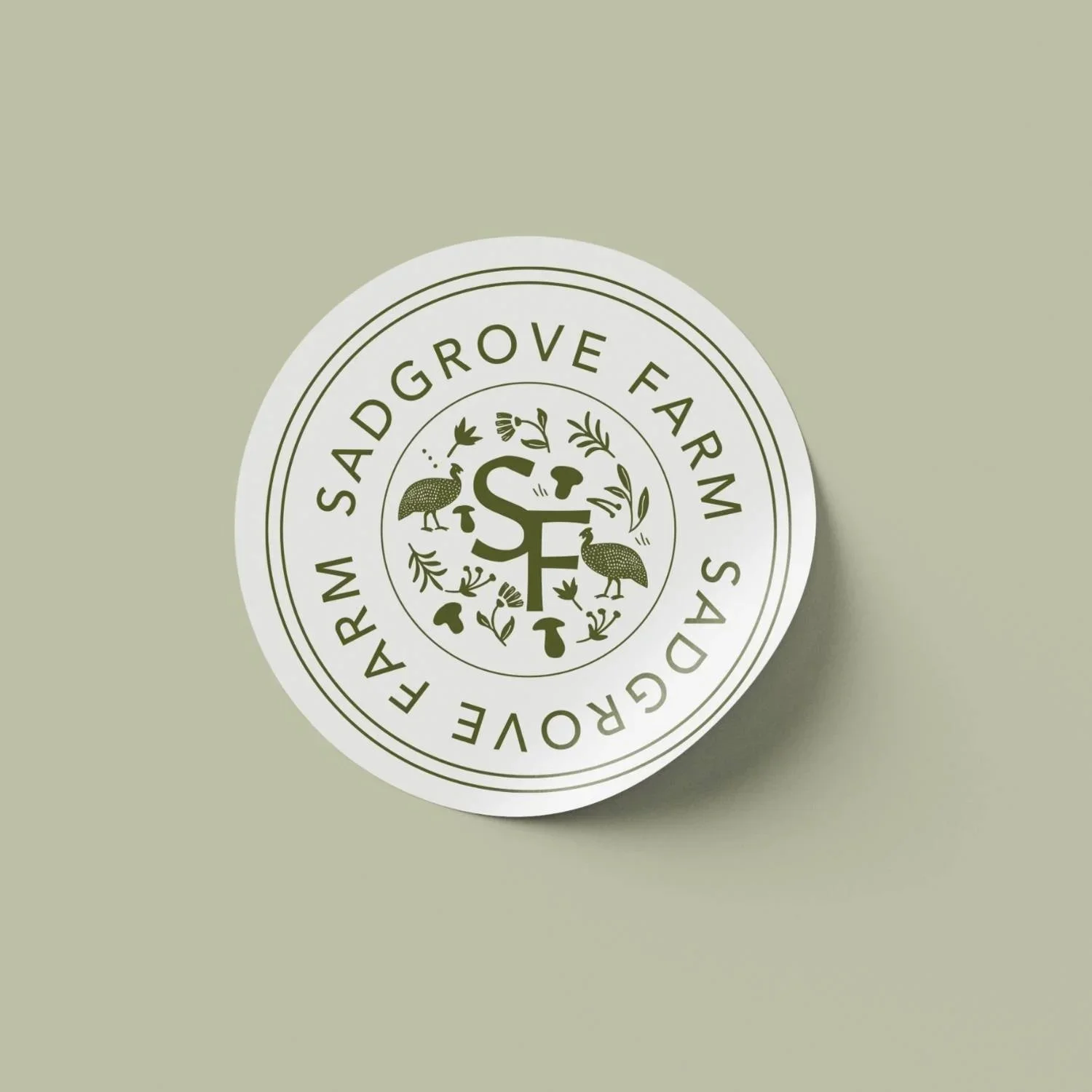 hoverhide  light green background with white logo sticker for Sadgrove fam featuring hand drawn herbs mushrooms and guinea fowl