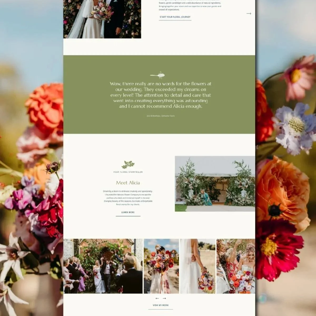 A wedding website featuring images of a bride and groom, wedding flowers, and a reception with guests. The site highlights floral arrangements, wedding stories, and the photographer Alicia. The background includes vibrant flowers.