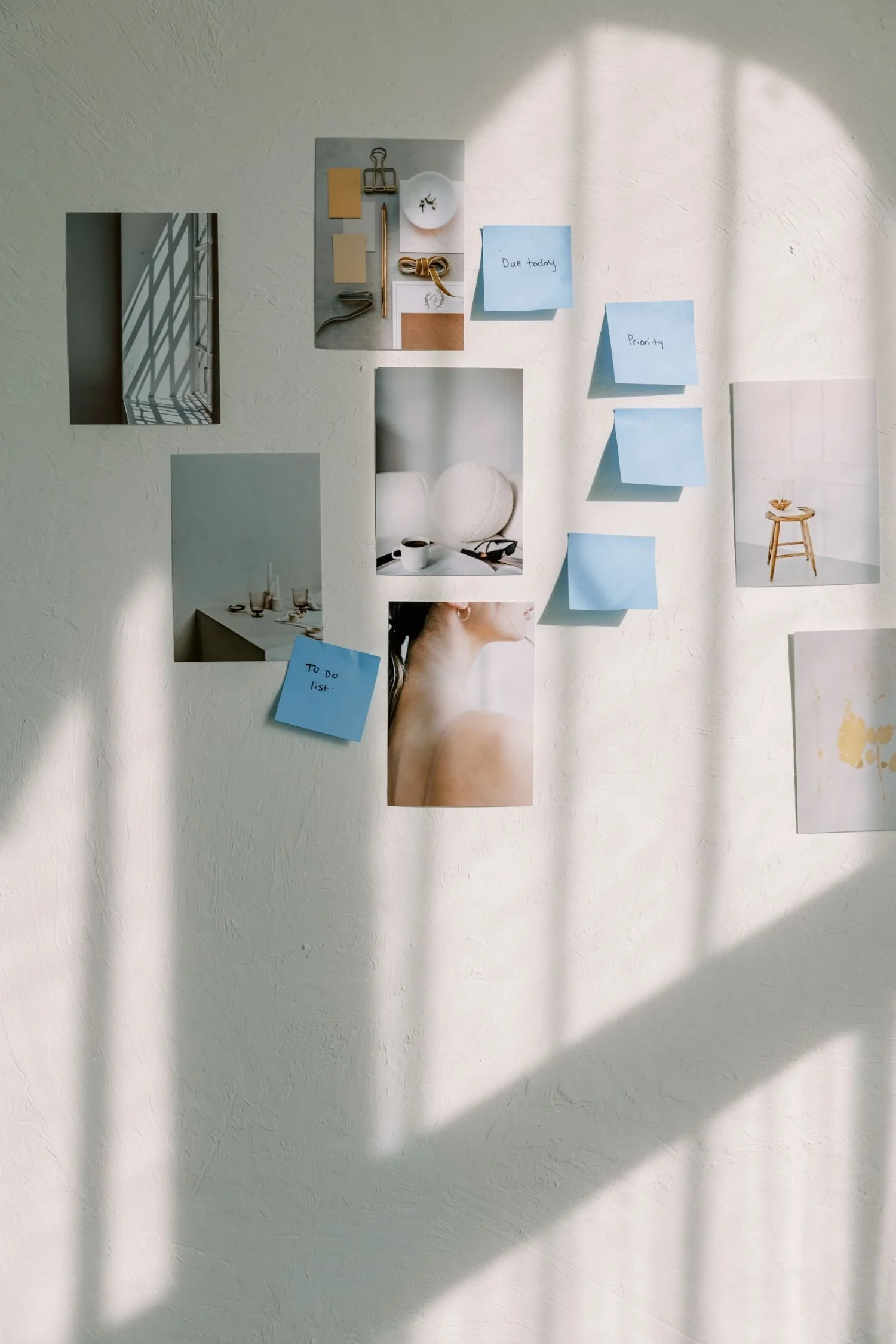 A wall with various photos, notes, and artwork attached, including a photo of a woman, a photo of a table setting, and notes labeled 'Due today', 'Priority', and 'To Do list'. Shadows cast by window panes are visible.