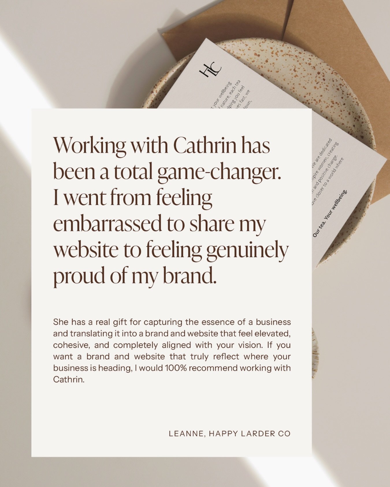 Nothing beats having great feedback from a client. 

When Leanne came to me, she had a beautiful business but a brand that didn&rsquo;t reflect it. Watching her go from feeling embarrassed to genuinely proud of what she&rsquo;d built? That transforma