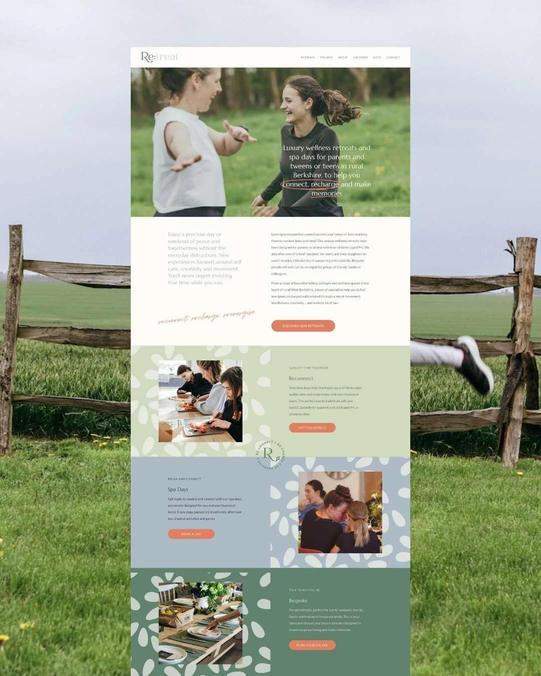 A website for a wellness retreat featuring images of people enjoying outdoor activities and spa services.