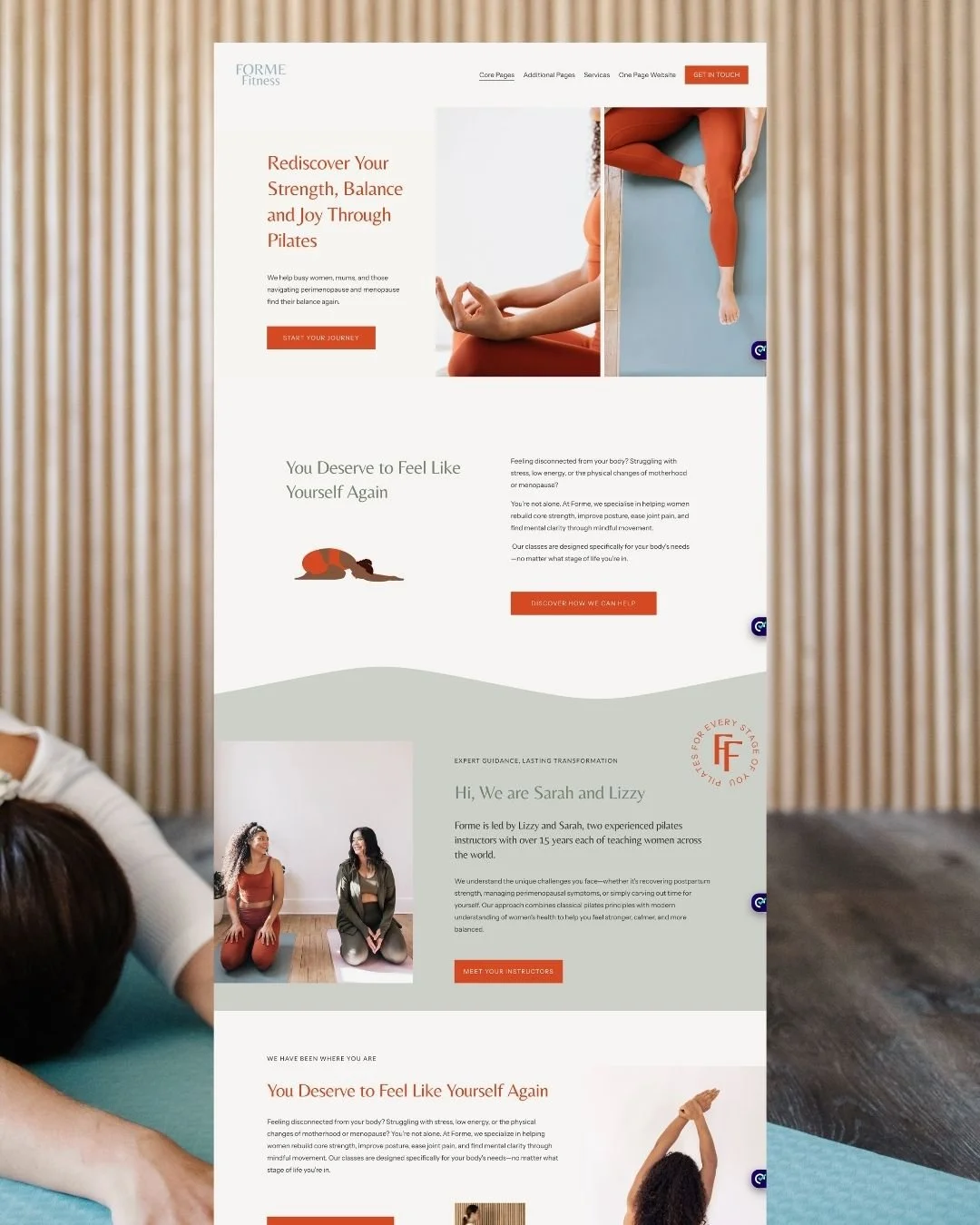 Screenshot of a fitness website promoting Pilates classes for women, with images of women practicing yoga or Pilates and text encouraging recovery and personal well-being.