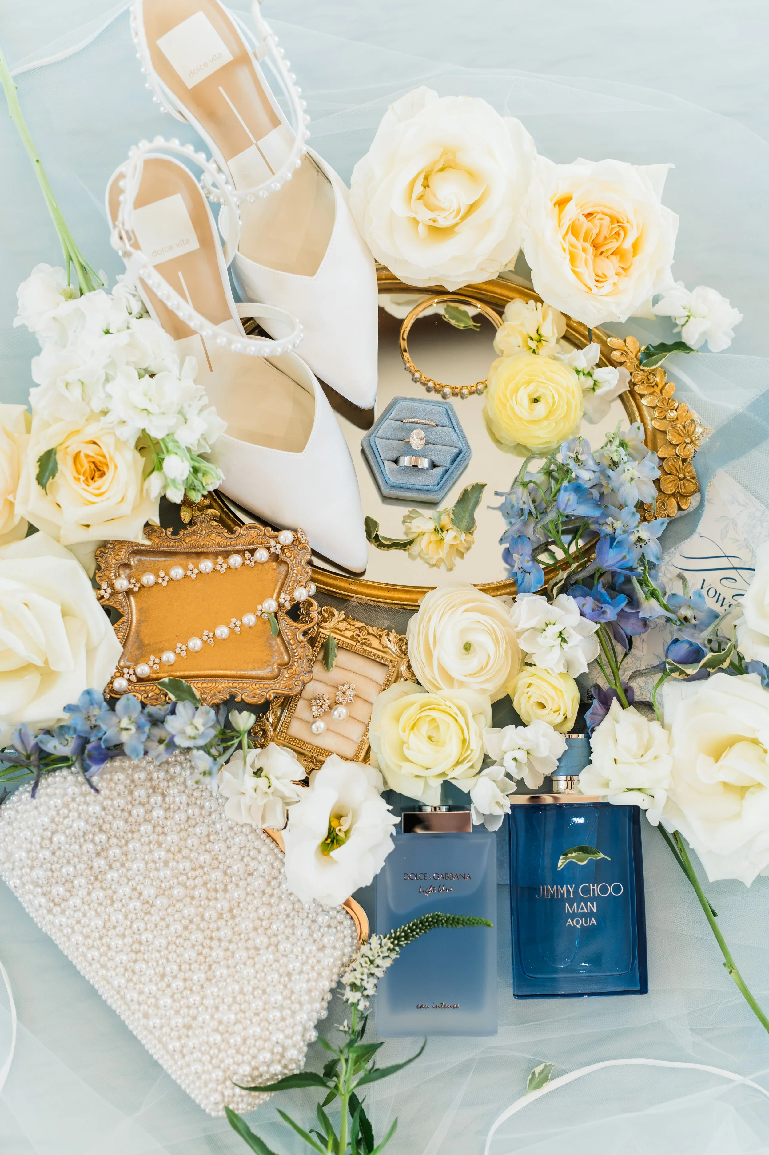 Luxury wedding detail flatlay with Wedding  florals at The French Farmhouse in North Texas