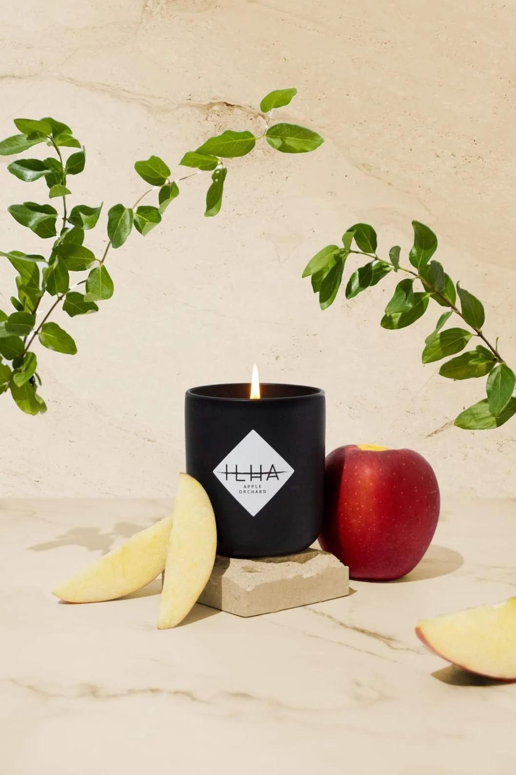 Seattle candle product photography of a black candle surrounded by apples and green leaves against a beige background