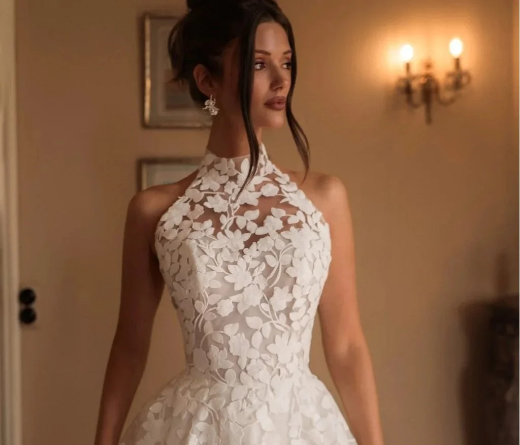 Lace halter neck wedding dress from Katy Corso