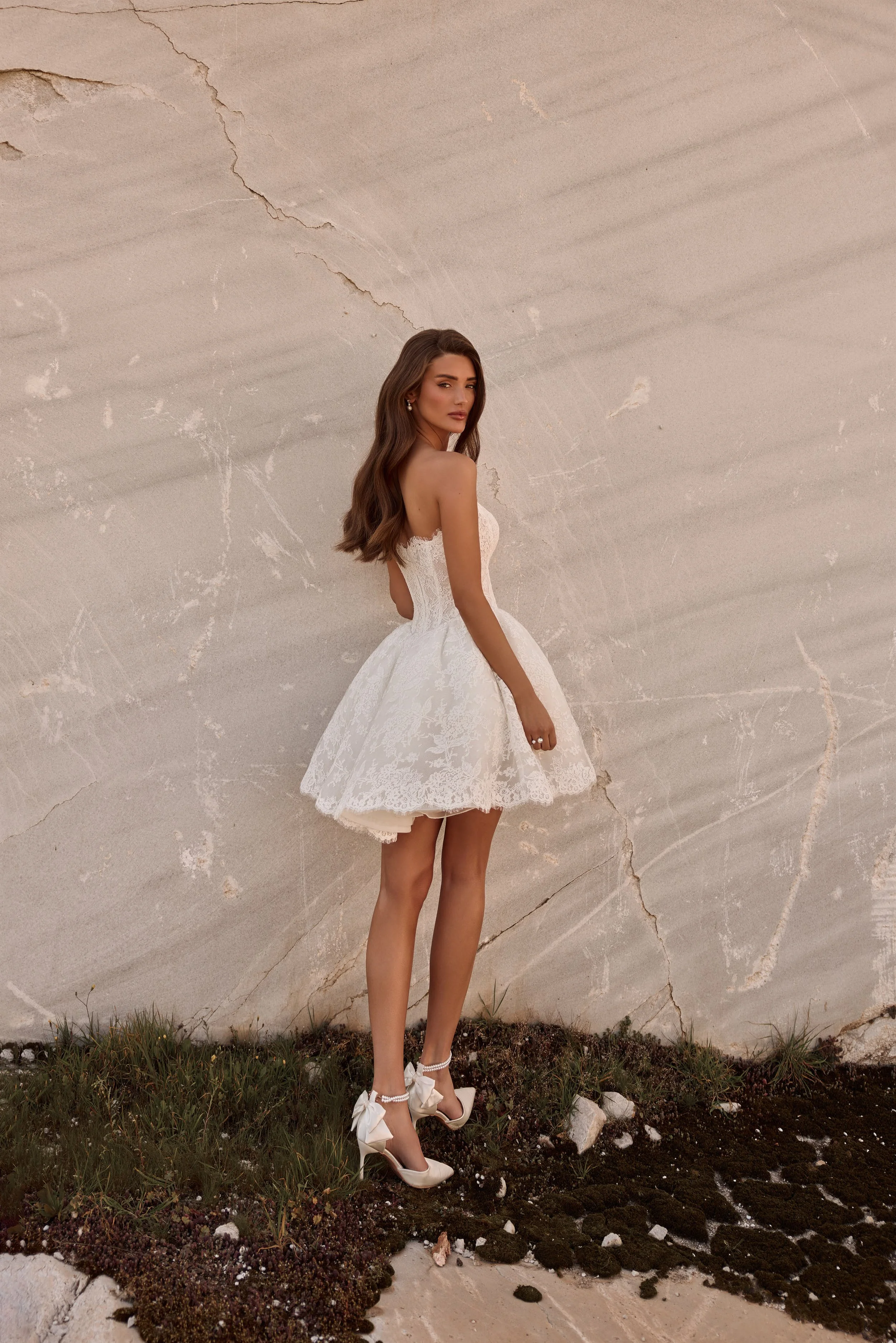 Avel Mini short wedding dress with guipure lace corset and voluminous tulle skirt | Spellbound Bridal Ireland