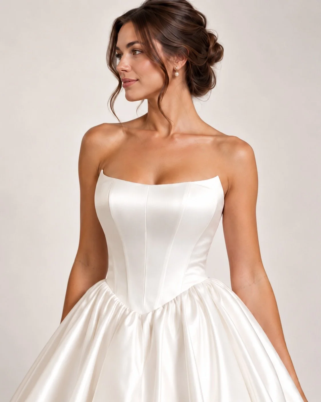 VERONA off-white satin bridal mini dress with strapless structured corset bodice and voluminous bubble skirt at Spellbound Bridal Ireland
