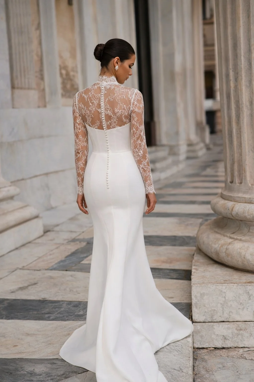 The ERICA wedding dress is a perfectly tailored minimalist mermaid gown with optional lace bodysuit exclusive to Spellbound Bridal, Arklow, Co Wicklow.