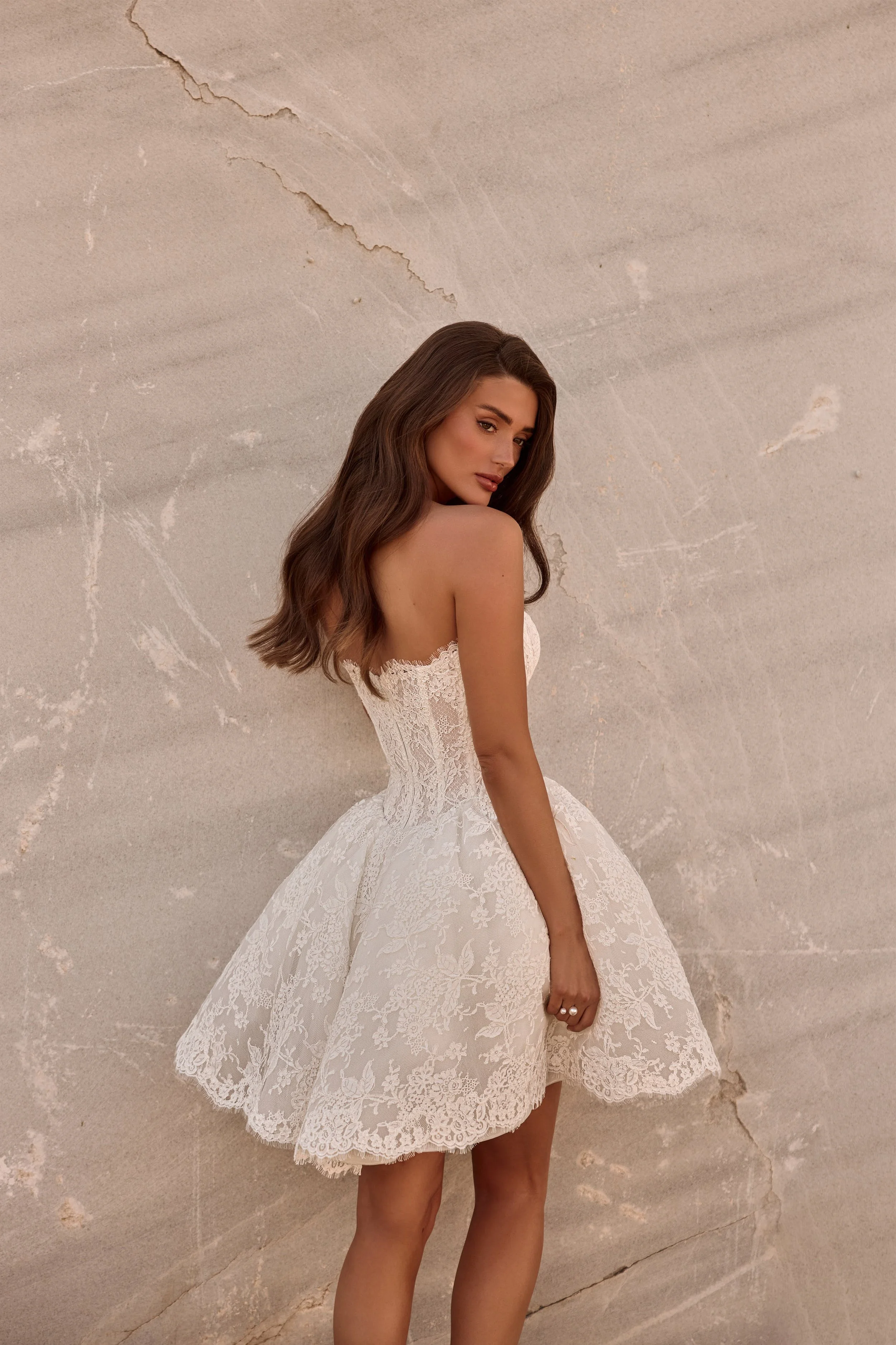 Avel Mini short wedding dress with guipure lace corset and voluminous tulle skirt | Spellbound Bridal Ireland