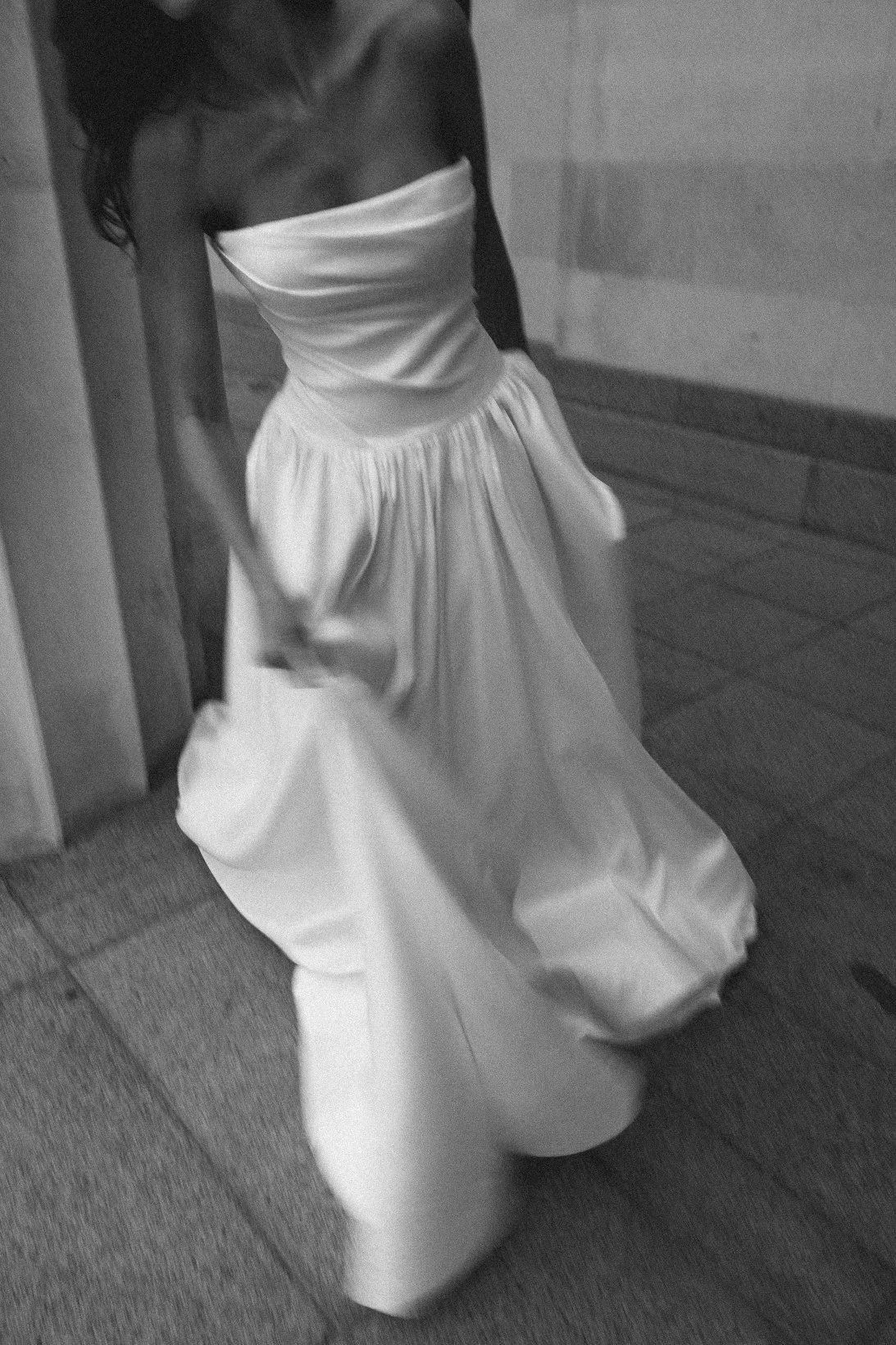 Aneta by Trish Peng stretch Mikado wedding dress featuring a modern drop waist, expertly ruched bodice and elegant A-line skirt, available at Spellbound Bridal Ireland.