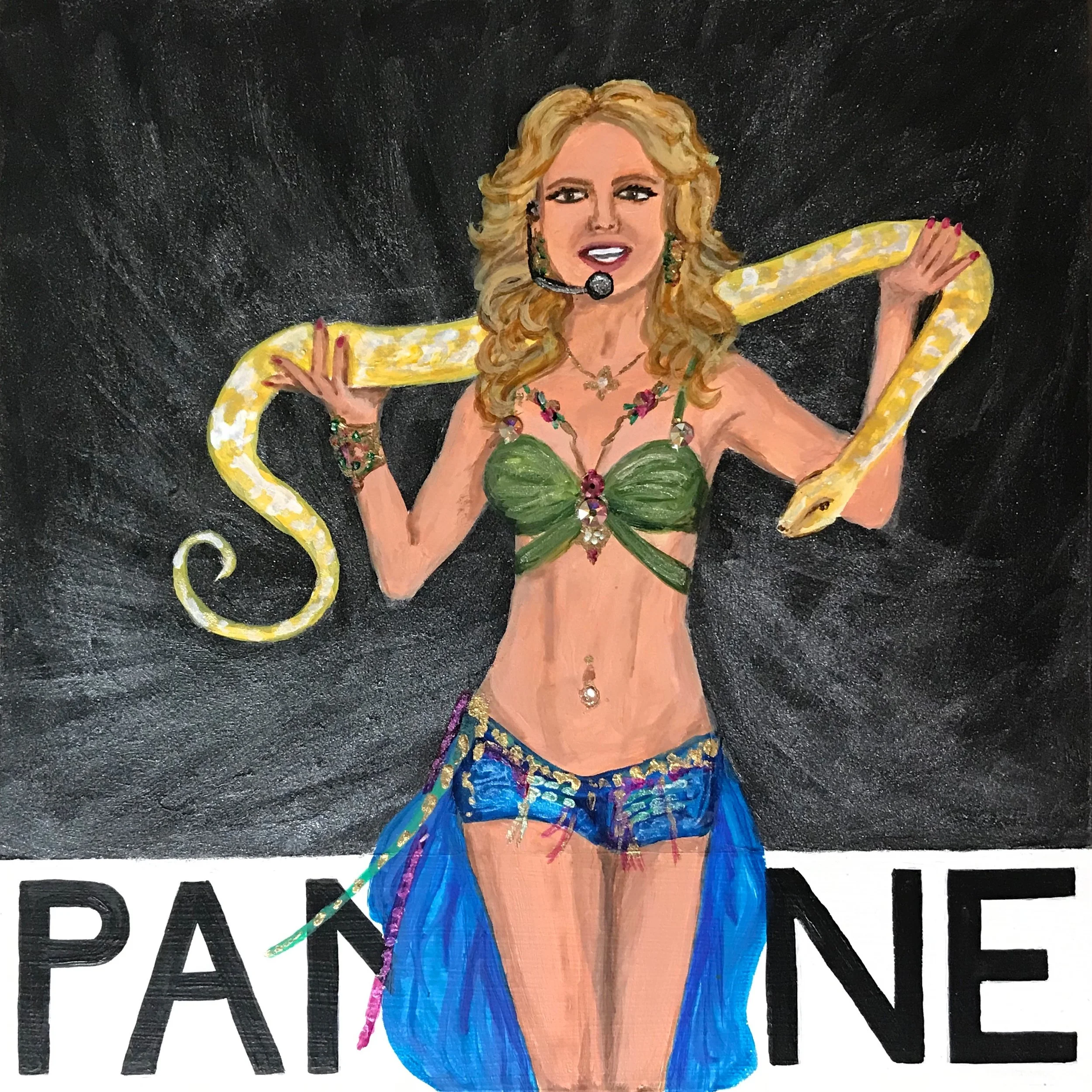 "Pantone 20-0191 Snake in the Grass" (Britney Spears) | Acrylic and Swarovski on Masonite | 2019 | NFS