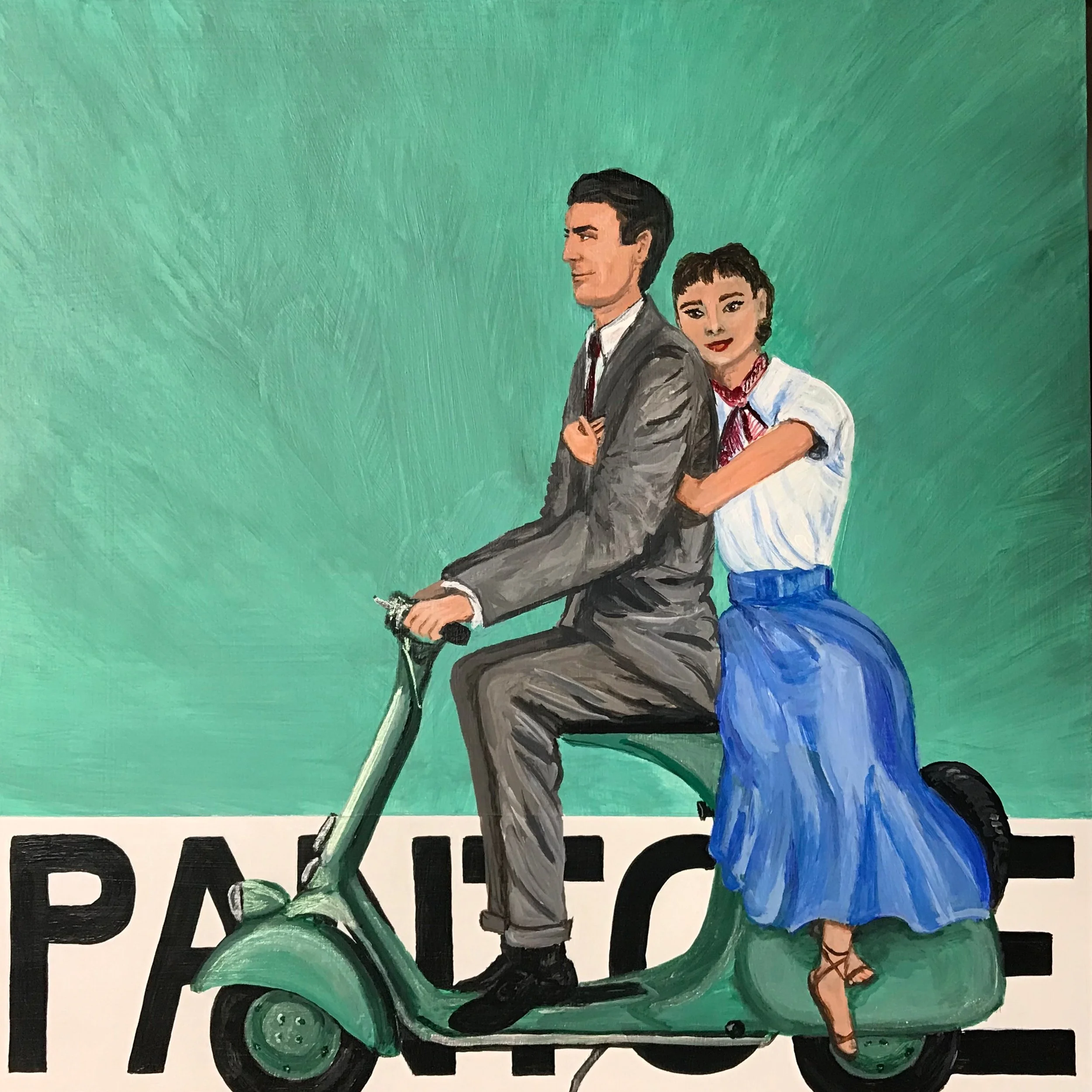 "Pantone 14-5413 Holiday" (Audrey Hepburn & Gregory Peck) | Acrylic on 10 ” x 10″ wood panel | 2019