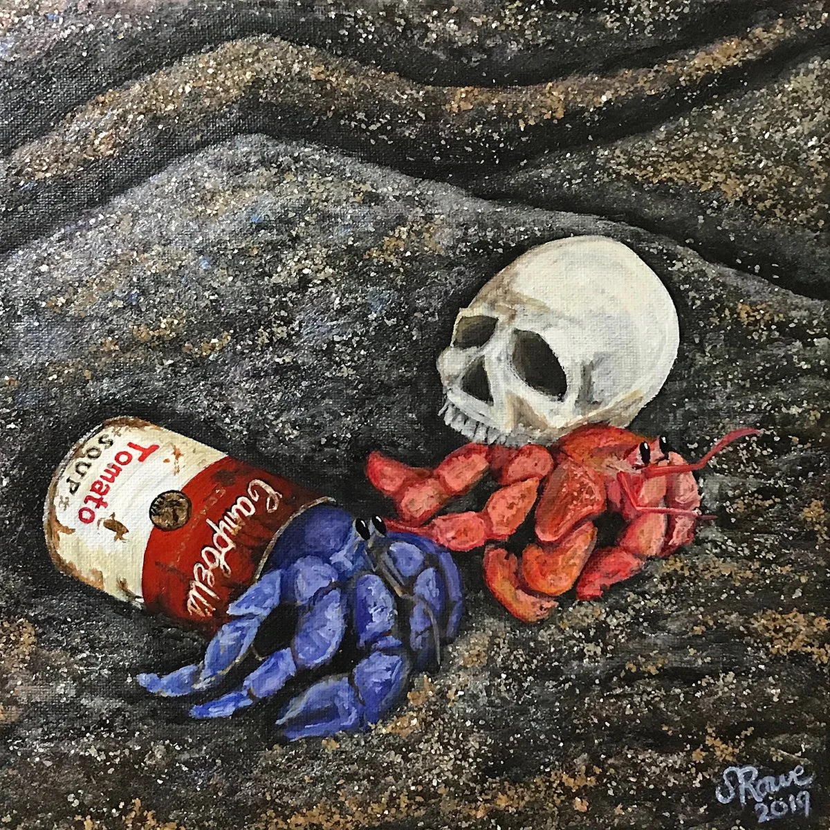 “Silver Factory Crabs” | Acrylic, mica, and garnet gel on canvas | 2019