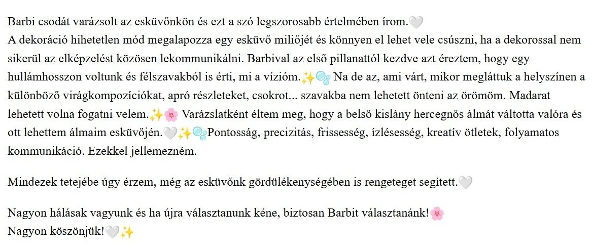 Egy szívből jövő magyar esküvői köszönőlevél dekoratív emojikkal, amely hálát és szeretetet fejez ki az esküvői dekoráció iránt a menyasszonytól.