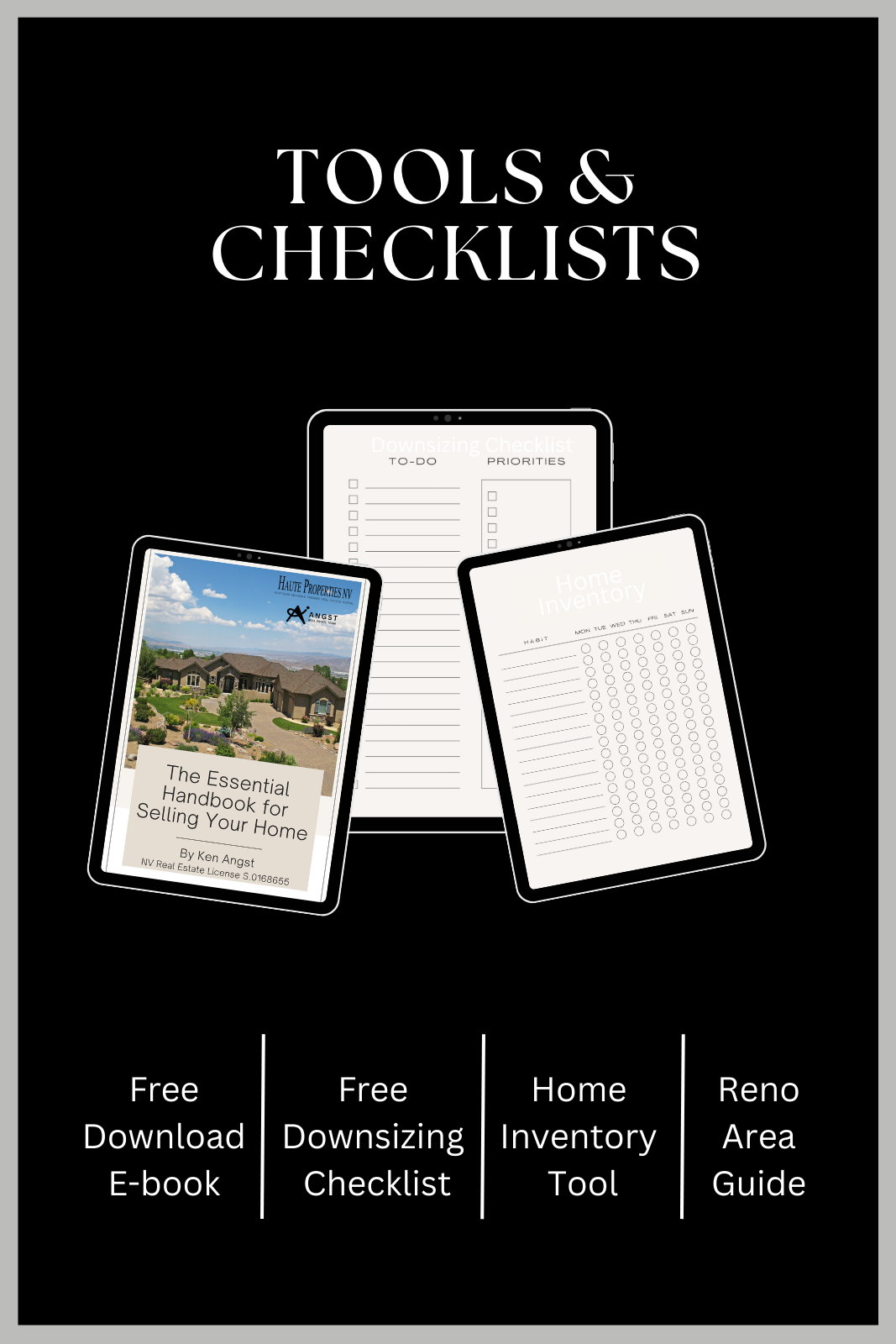 Poster advertising tools and checklists for home selling, including a free downloadable e-book, downsizing checklist, home inventory tool, and Reno area guide.