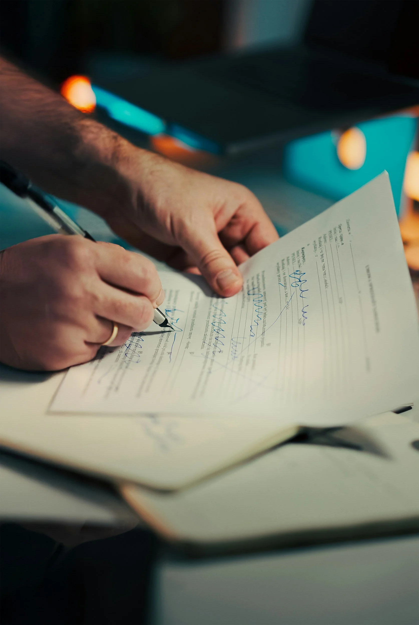 Close-up of a person's hands signing a document with a black pen.