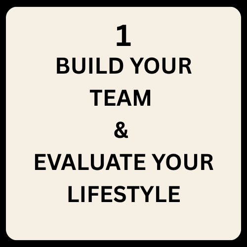 Sign with the message: "1 Build Your Team & Evaluate Your Lifestyle" in black text on a light background with a black border.