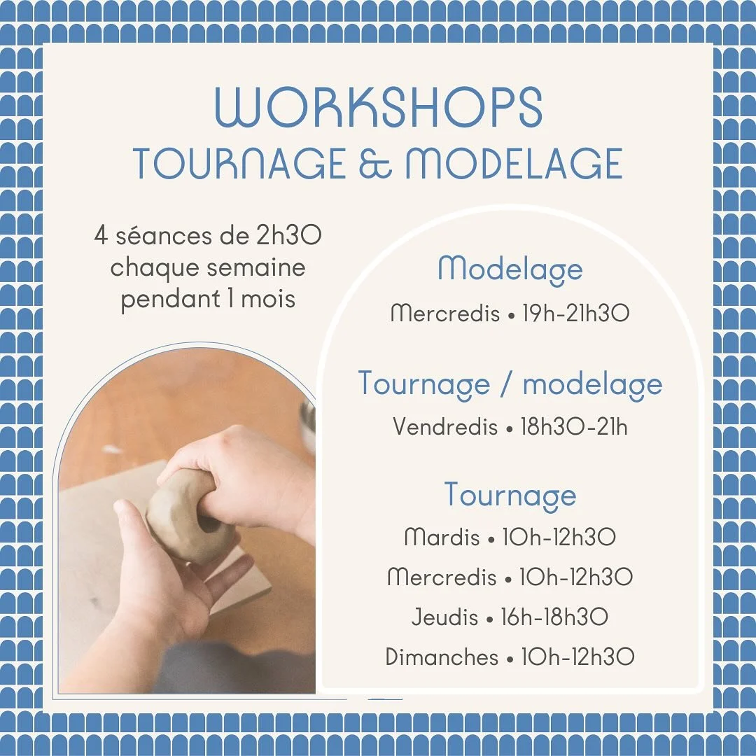 💥 LES WORKSHOPS 2025💥

Vous ne pouvez pas vous engager sur un trimestre, mais vous souhaitez pratiquer r&eacute;guli&egrave;rement la c&eacute;ramique ? 
Nos formats workshops sont parfaits ! 1 cours par semaine pendant 1 mois (soit 4 s&eacute;ance