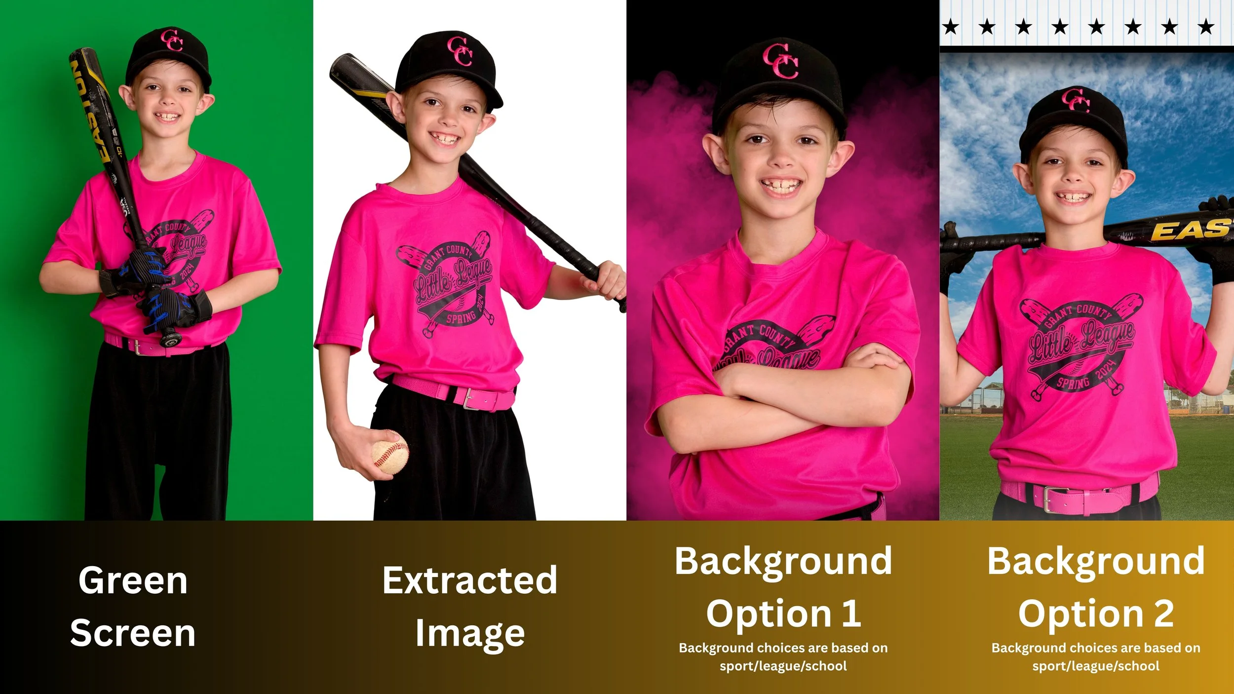 A young boy dressed in a pink baseball uniform and cap, holding a baseball bat or ball, with four different background options: green screen, extracted image, pink smoky background, and outdoor stadium background, demonstrating different backgrounds for sports photography.