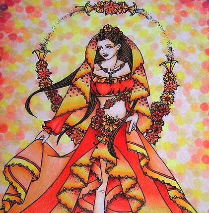 Illustration of a woman in a vibrant red dress with floral accessories, standing against a colorful, dotted background.