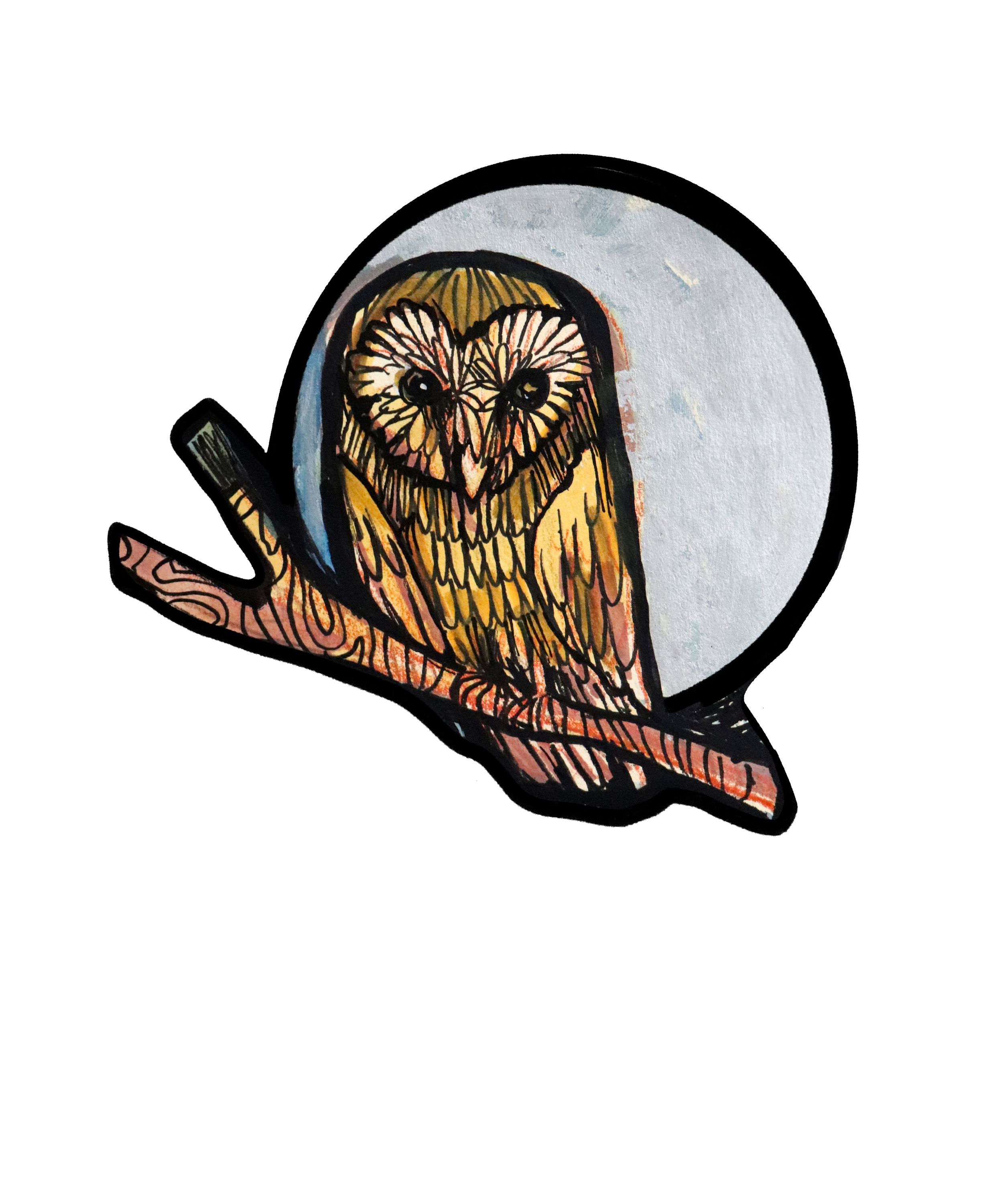 Artistic illustration of an owl perched on a branch in front of a full moon, with black outlines and colorful shading.