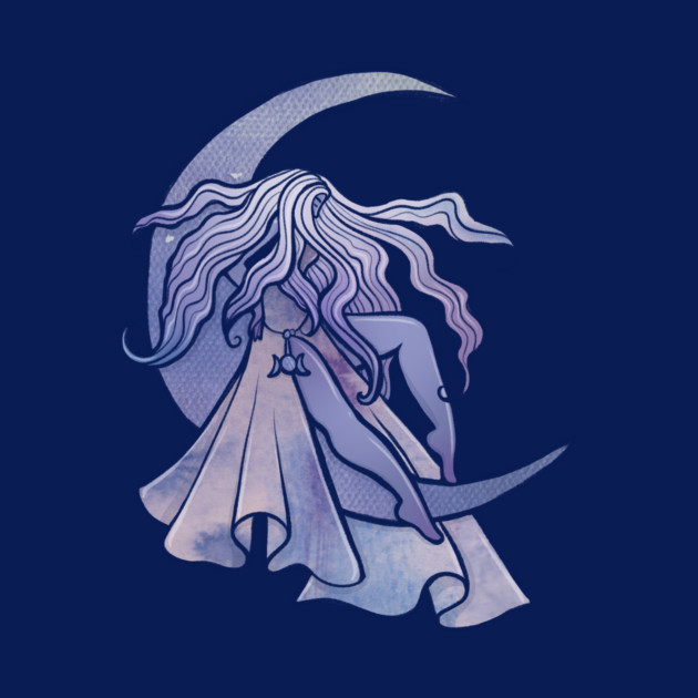 An artistic illustration of a woman with flowing hair, wearing a dress, sitting on a crescent moon against a dark blue background with a large moon in the background.