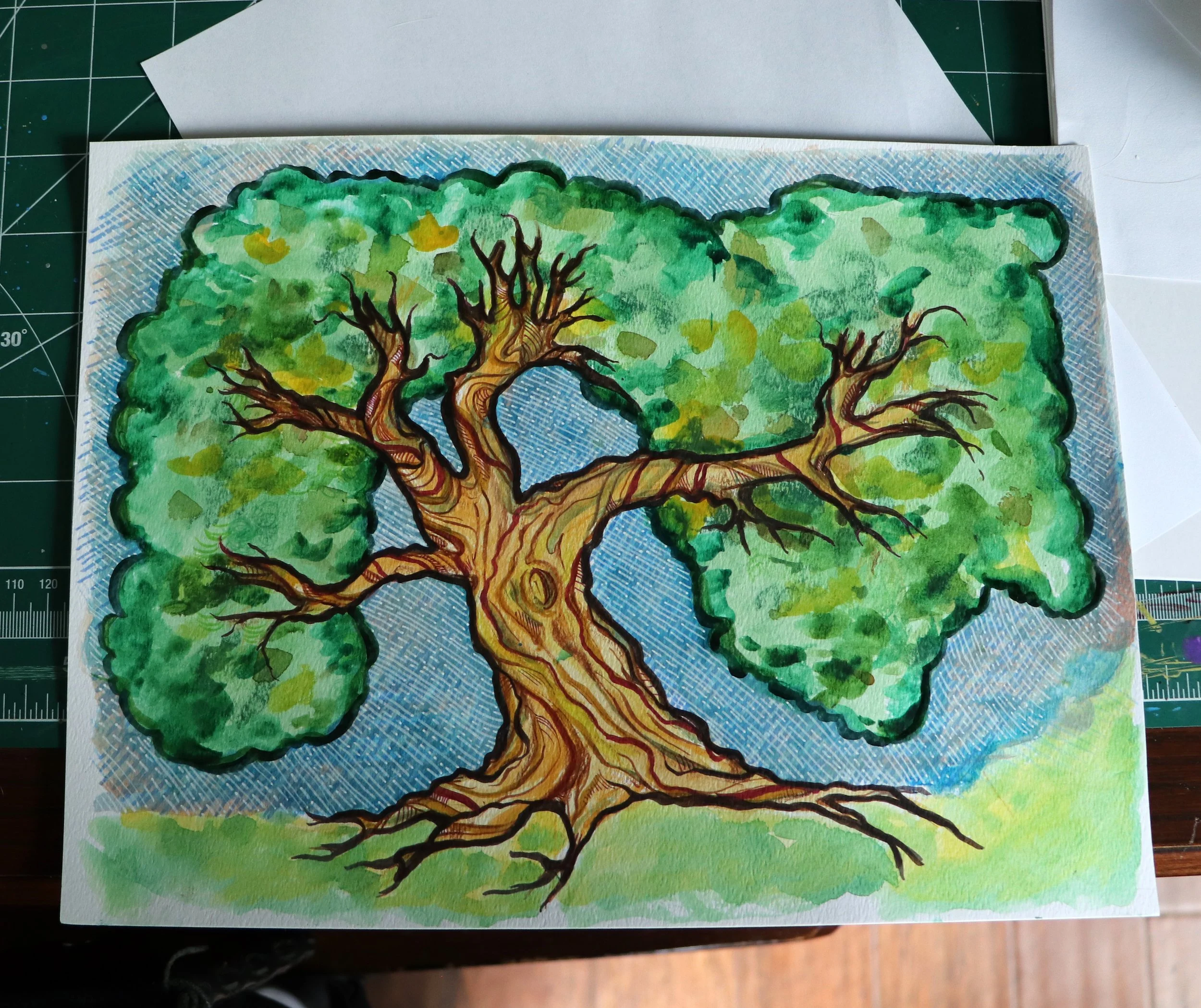 A colorful watercolor painting of a large tree with a thick, twisted trunk and sprawling branches, surrounded by green leaves.