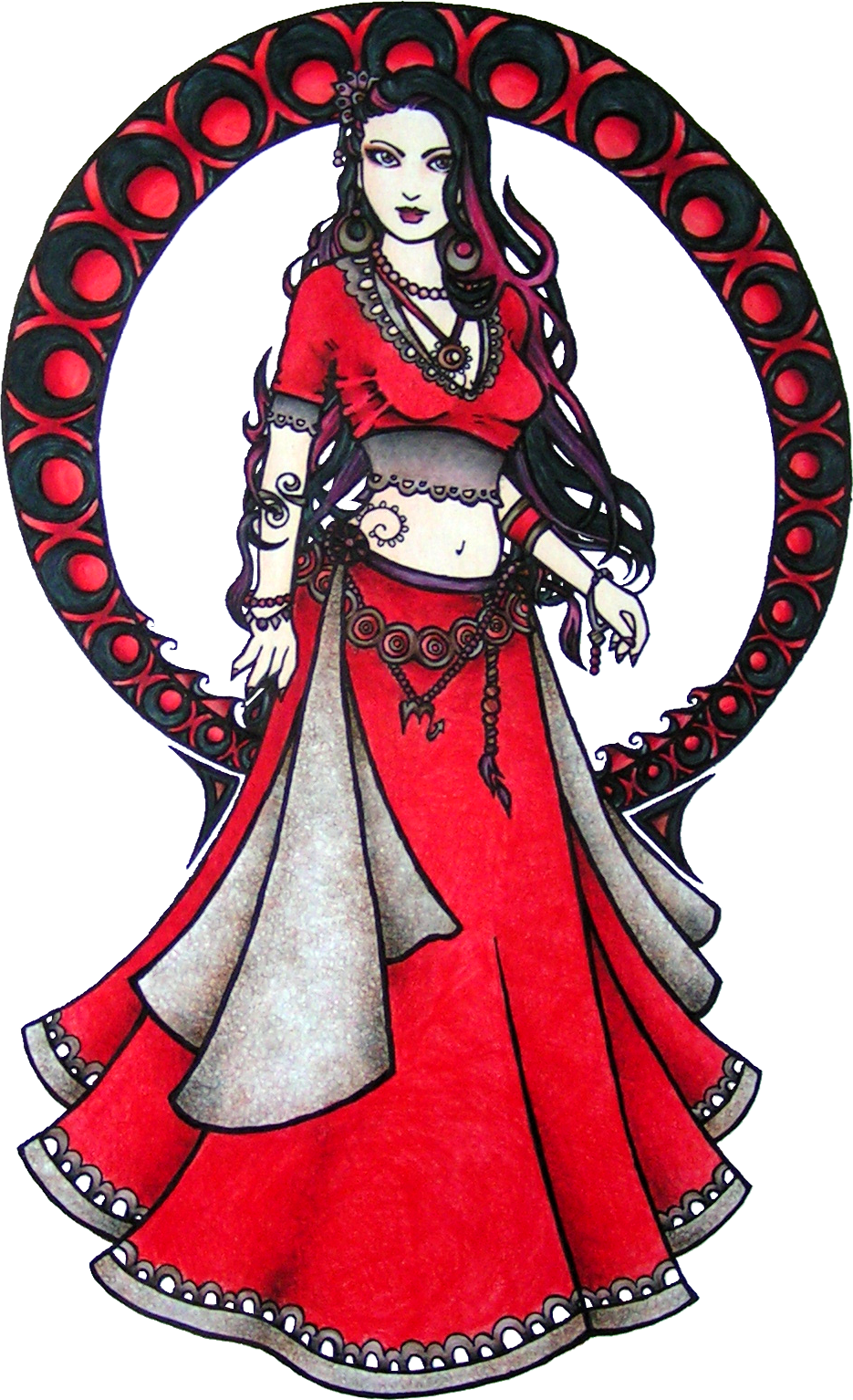 Colorful illustration of a scorpio belly dancer woman with long dark hair, dressed in red and gray, standing inside an ornate black and red circular frame.
