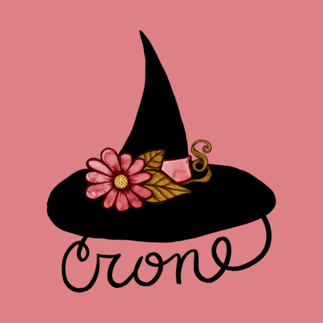 A black witch's hat with a pink flower, leaves, and a pink ribbon against a pink background, with the word 'love' written underneath.