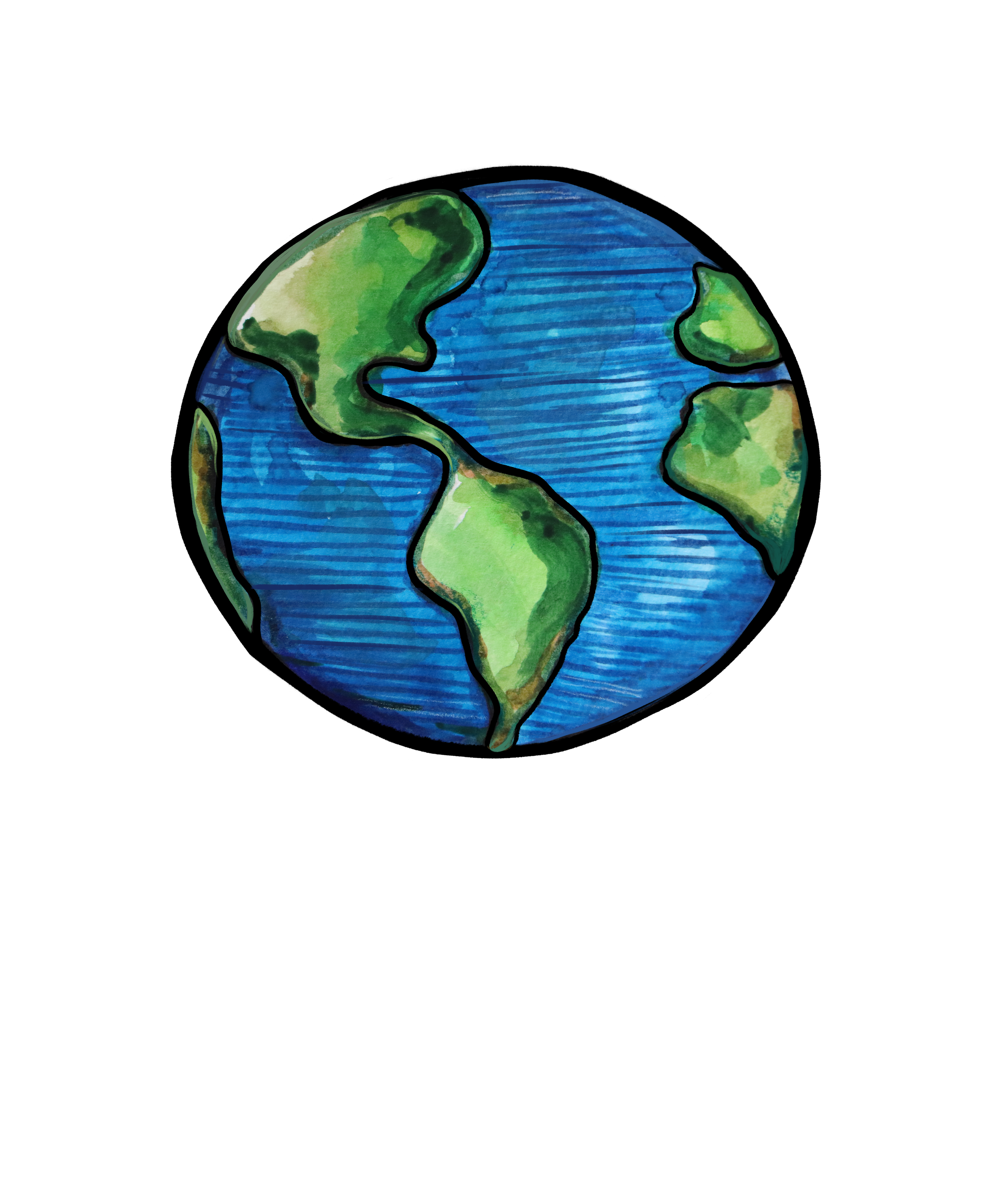 Colorful illustration of Earth with blue oceans and green continents, set against a black background.