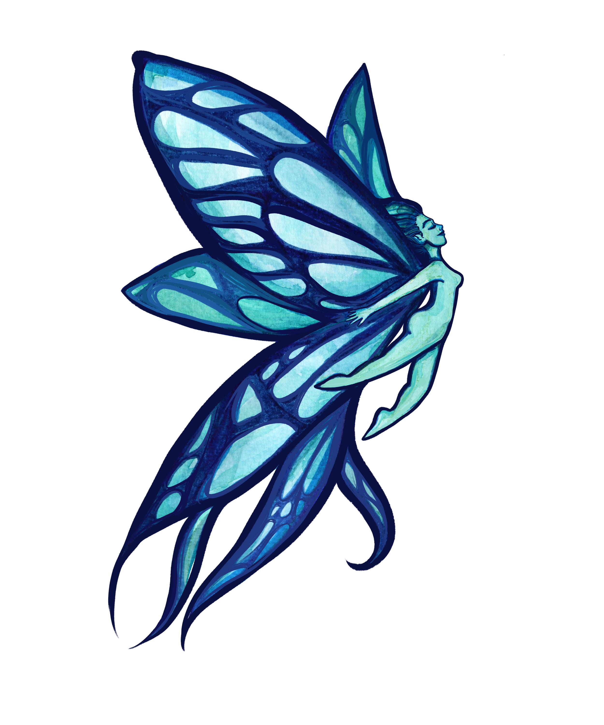 A digital illustration of a fairy with large, detailed blue wings sitting with knees up and arms wrapped around their legs.