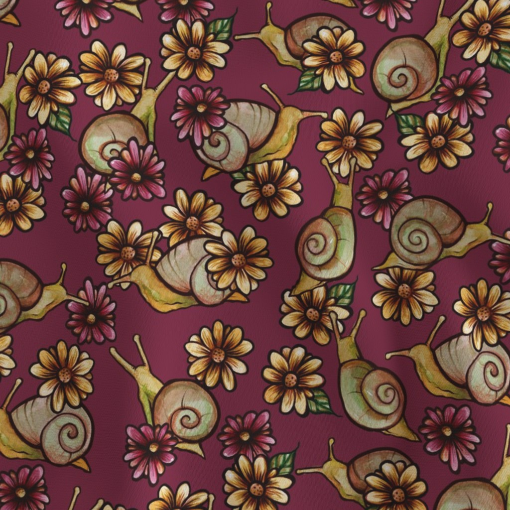Pattern of snails and flowers on a purple background.